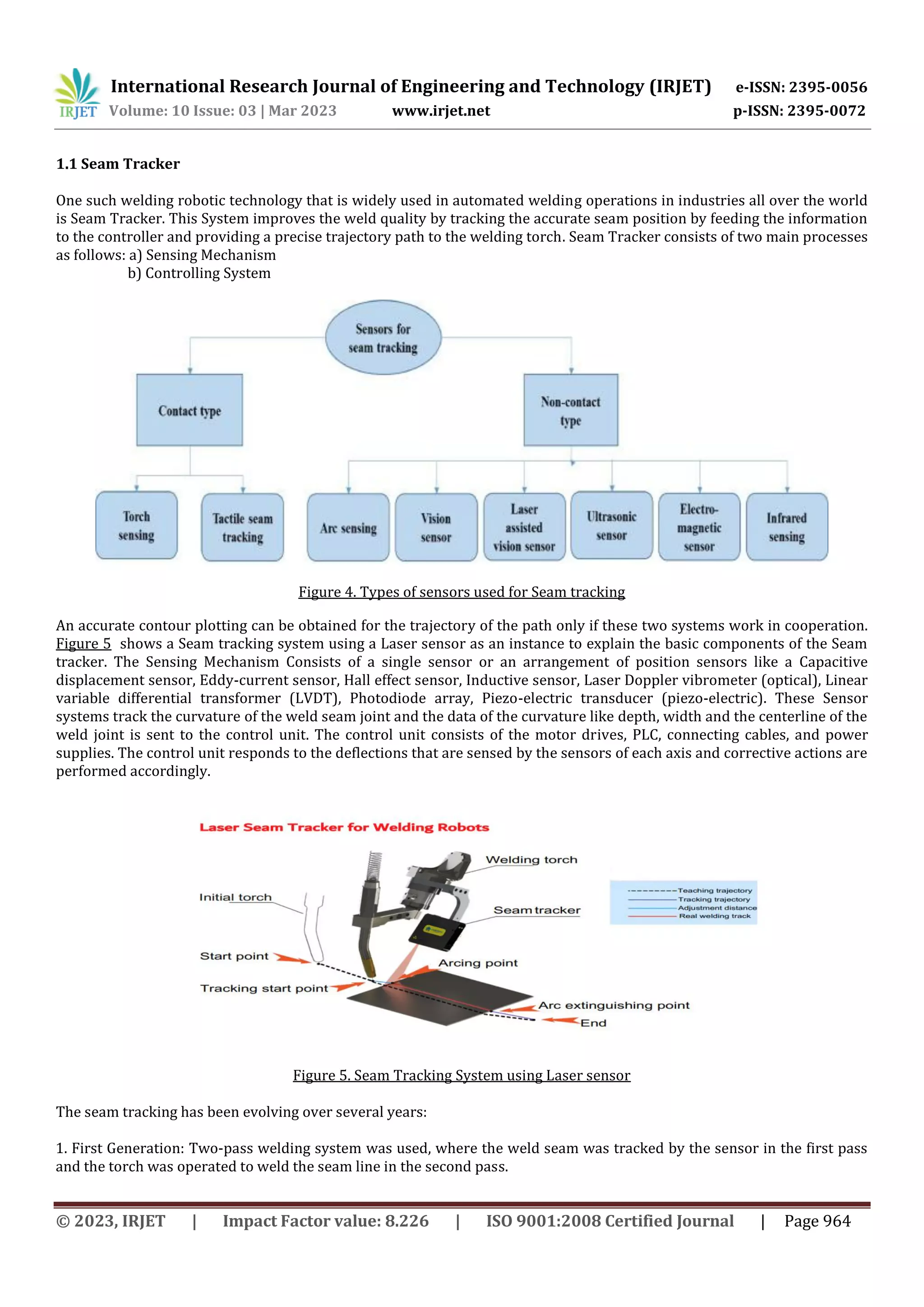 International Research Journal of Engineering and Technology (IRJET) e-ISSN: 2395-0056
Volume: 10 Issue: 03 | Mar 2023 www.irjet.net p-ISSN: 2395-0072
© 2023, IRJET | Impact Factor value: 8.226 | ISO 9001:2008 Certified Journal | Page 964
1.1 Seam Tracker
One such welding robotic technology that is widely used in automated welding operations in industries all over the world
is Seam Tracker. This System improves the weld quality by tracking the accurate seam position by feeding the information
to the controller and providing a precise trajectory path to the welding torch. Seam Tracker consists of two main processes
as follows: a) Sensing Mechanism
b) Controlling System
Figure 4. Types of sensors used for Seam tracking
An accurate contour plotting can be obtained for the trajectory of the path only if these two systems work in cooperation.
Figure 5 shows a Seam tracking system using a Laser sensor as an instance to explain the basic components of the Seam
tracker. The Sensing Mechanism Consists of a single sensor or an arrangement of position sensors like a Capacitive
displacement sensor, Eddy-current sensor, Hall effect sensor, Inductive sensor, Laser Doppler vibrometer (optical), Linear
variable differential transformer (LVDT), Photodiode array, Piezo-electric transducer (piezo-electric). These Sensor
systems track the curvature of the weld seam joint and the data of the curvature like depth, width and the centerline of the
weld joint is sent to the control unit. The control unit consists of the motor drives, PLC, connecting cables, and power
supplies. The control unit responds to the deflections that are sensed by the sensors of each axis and corrective actions are
performed accordingly.
Figure 5. Seam Tracking System using Laser sensor
The seam tracking has been evolving over several years:
1. First Generation: Two-pass welding system was used, where the weld seam was tracked by the sensor in the first pass
and the torch was operated to weld the seam line in the second pass.
 