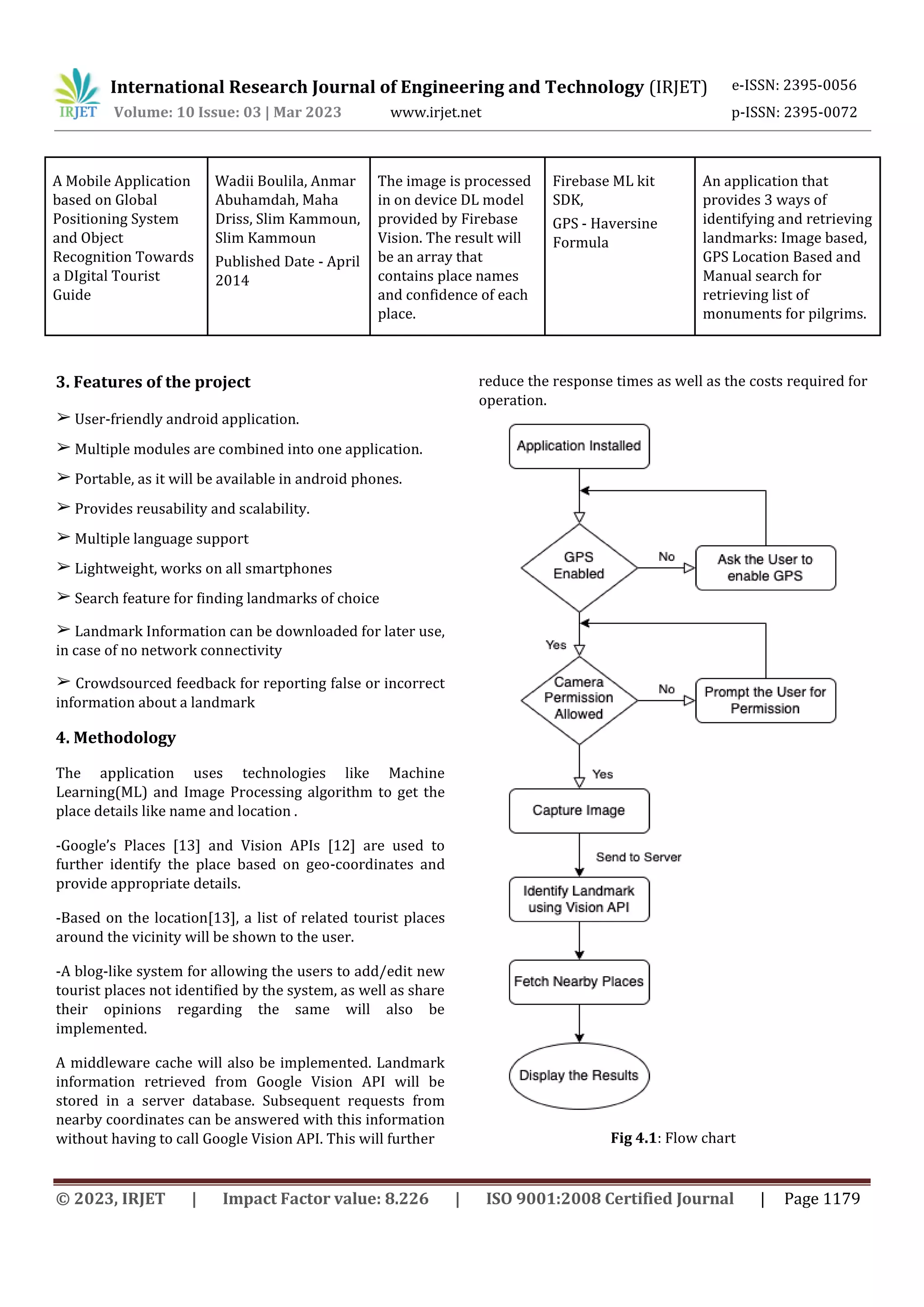 International Research Journal of Engineering and Technology (IRJET) e-ISSN: 2395-0056
Volume: 10 Issue: 03 | Mar 2023 www.irjet.net p-ISSN: 2395-0072
© 2023, IRJET | Impact Factor value: 8.226 | ISO 9001:2008 Certified Journal | Page 1179
A Mobile Application
based on Global
Positioning System
and Object
Recognition Towards
a DIgital Tourist
Guide
Wadii Boulila, Anmar
Abuhamdah, Maha
Driss, Slim Kammoun,
Slim Kammoun
Published Date - April
2014
The image is processed
in on device DL model
provided by Firebase
Vision. The result will
be an array that
contains place names
and confidence of each
place.
Firebase ML kit
SDK,
GPS - Haversine
Formula
An application that
provides 3 ways of
identifying and retrieving
landmarks: Image based,
GPS Location Based and
Manual search for
retrieving list of
monuments for pilgrims.
3. Features of the project
➢ User-friendly android application.
➢ Multiple modules are combined into one application.
➢ Portable, as it will be available in android phones.
➢ Provides reusability and scalability.
➢ Multiple language support
➢ Lightweight, works on all smartphones
➢ Search feature for finding landmarks of choice
➢ Landmark Information can be downloaded for later use,
in case of no network connectivity
➢ Crowdsourced feedback for reporting false or incorrect
information about a landmark
4. Methodology
The application uses technologies like Machine
Learning(ML) and Image Processing algorithm to get the
place details like name and location .
-Google’s Places [13] and Vision APIs [12] are used to
further identify the place based on geo-coordinates and
provide appropriate details.
-Based on the location[13], a list of related tourist places
around the vicinity will be shown to the user.
-A blog-like system for allowing the users to add/edit new
tourist places not identified by the system, as well as share
their opinions regarding the same will also be
implemented.
A middleware cache will also be implemented. Landmark
information retrieved from Google Vision API will be
stored in a server database. Subsequent requests from
nearby coordinates can be answered with this information
without having to call Google Vision API. This will further
reduce the response times as well as the costs required for
operation.
Fig 4.1: Flow chart
 