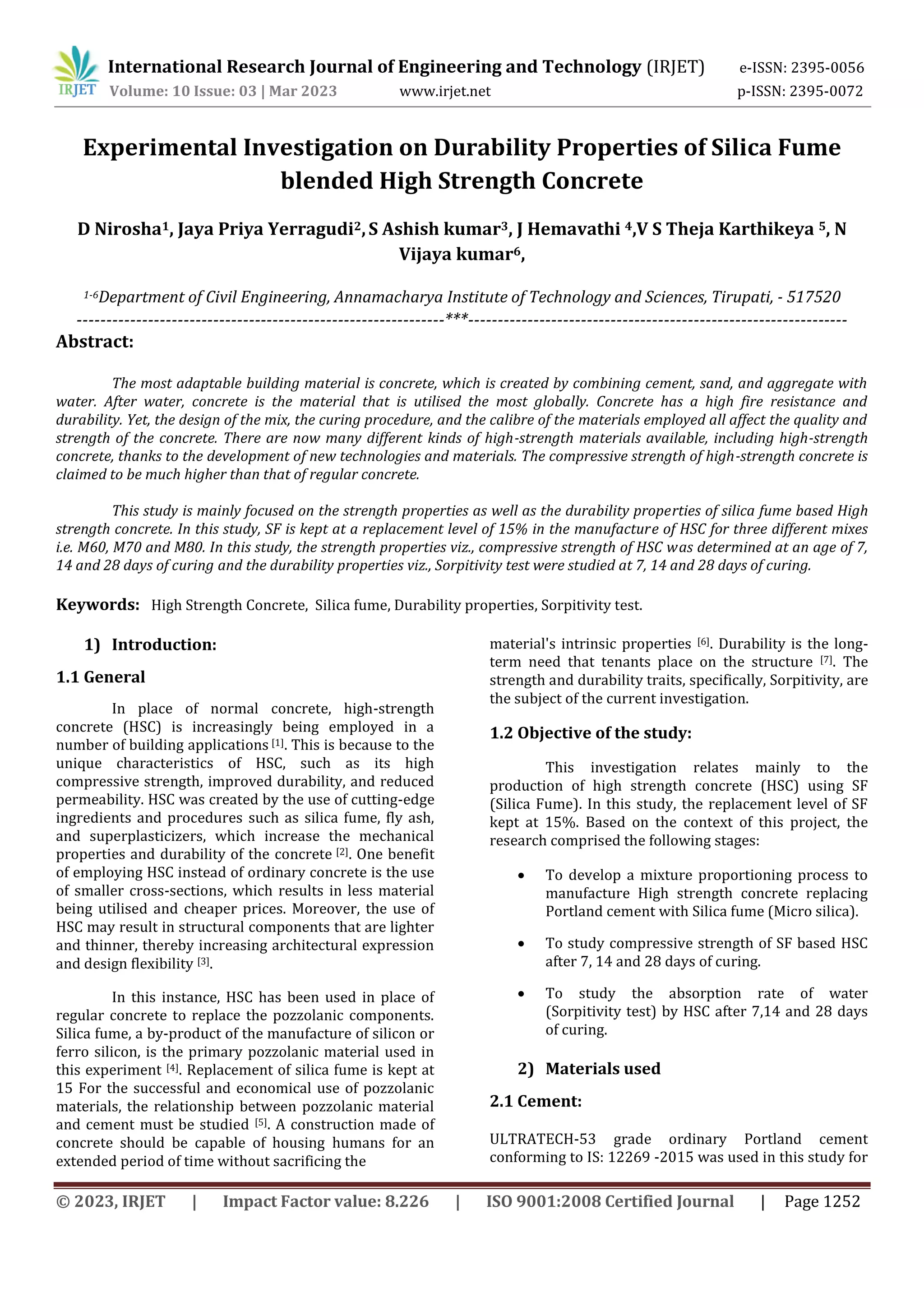 Experimental Investigation on Durability Properties of Silica Fume ...