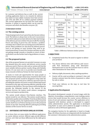 International Research Journal of Engineering and Technology (IRJET) e-ISSN: 2395-0056
p-ISSN: 2395-0072
Volume: 10 Issue: 4 | Apr 2023 www.irjet.net
for customer and delivery boy as well. In the current
working application there is no rewards for delivery
boy which we have added. Customer have best service
and 15% and 20% off on cashless payment method.
The current applications do not have live track order
function. A system is required which can be used by
everyone and which also benefits everyone. [5]
2 Literature review
2.1 The existing system
Today keeping track of one’s parcel has also became tedious
work. The delivery is always done on the user’s inconvenient
time which make person hate delivery for their bad timings
of the delivery person to deliver the parcel. [8] The missing
Parcel and losing of parcel has also become a problem
nowadays due to which users arelosing trustonthedelivery
person. Many problems are also faced by delivery person
such as not getting an exact location they need to go
travelunnecessary in search for location and they are also
not getting enough rewards or benefits in return of their
workwhich can also further lead to big problems or issues.
[7]
2.2 The proposed system
Aim of the proposed System is to provide Customer on same
day demand intra-city courier and delivery service exactly
when you need it. Place an order and our system will find the
most suitable delivery partner nearby Along with Reliable
Service. It’s one more aim is to provide more benefits and
many rewards to Delivery Partner for their hard work.
It wants to create job opportunities for many people as
Delivery Partner and give them many rewards for their work.
The proposed system would be designed to help make the
rigorous activities carried out in a Delivery app much easier by
providingthestatistics ofCourier instock,monitoringCourier
movement in the app and ensuring effective policing of the
activities in the Delivery. The new system will be designed to
provide the following benefits in the interest of the
Delivery Services; the system would enhance management
services and improve productivity.
The system would enhance User/System interface. The
system would be cost effective. The system would improve
informationqualityandaccessibility.Fromtheproblemslisted
in the existing system, the implementation of the proposed
system shall focus on Pickrun having access to the proposed
system at any time. Ensuring effective policing by providing
statistics of the Courier Service in stock.
2.3 DIFFERENCE BETWEEN SIMILAR SYSTEMS
As we know there are many similar but different applications
on courier delivery services. Different apps provide different
services. Let’s find out those differences by the table given
below:
Sr.no Characteristics Wefast Borzo Proposed
system
features
1 GPS Trackingof
goods
Yes Yes Yes
2 Credit Card
Payment
Yes Yes Yes
3 Delivery
Status
Notification
No Yes Yes
4 Customer
signature
verification
No Yes Yes
5 Messageoption No No Yes
Table 1. Difference between similar systems
3 OBJECTIVES
 Completely hassle-free. No need to register to deliver
your products
 You choose delivery time with delivery pick source
with Pick Destination along with Alternative
Destination Just in case the Customer have to rush to
other Destination for Some Work.
 Delivery of gifts, documents,cakes,anythinganywhere.
 Courier will be send according to customer’s time and
location customer have the choice of payment i.e. either
by cash or online.
 Track your delivery on the map in real time for
securing Order.
4 Application Development
The project development consists of several stages with the
objective of providing a comprehensive route tracking courier
service that would increase the courier service efficiency in
terms of cost and customer experience. The application server
integrated with database system is developed to support
online administration system. The application is developed
using flutter an open source platform by goggle to develop an
android as well as IOS based applications
The navigation function for the application is based on Google
Maps. All of these functions are integrated with the databaseof
the customers’ information in the administration system.
© 2023, IRJET | Impact Factor value: 8.226 | ISO 9001:2008 Certified Journal | Page 830
 