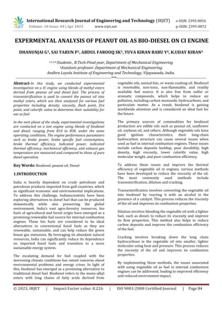EXPERMENTAL ANALYSIS OF PEANUT OIL AS BIO-DIESEL ON CI ENGINE | PDF