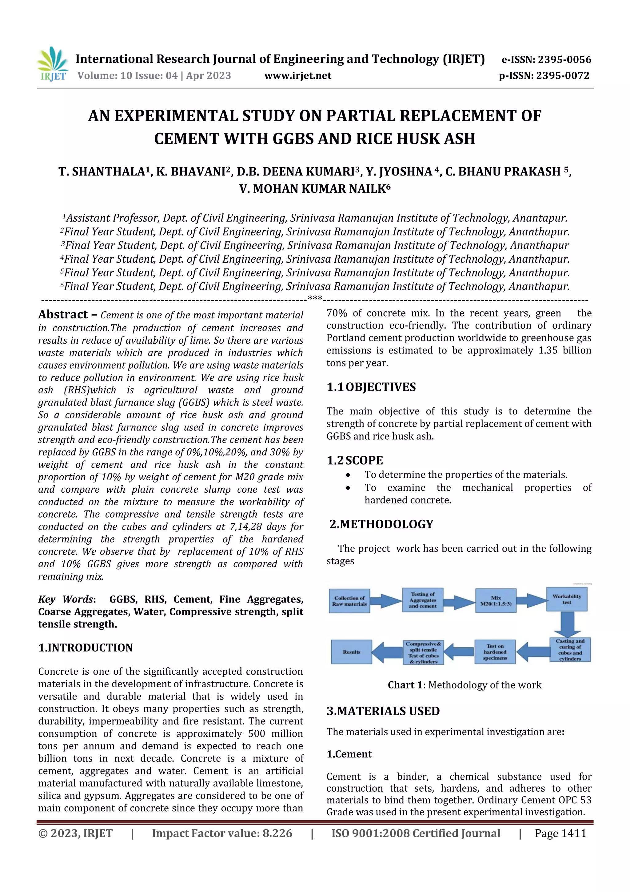 AN EXPERIMENTAL STUDY ON PARTIAL REPLACEMENT OF CEMENT WITH GGBS AND ...