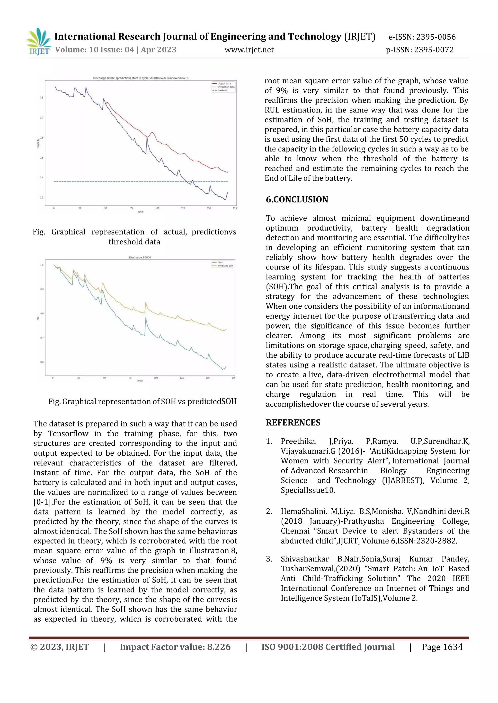 International Research Journal of Engineering and Technology (IRJET) e-ISSN: 2395-0056
Volume: 10 Issue: 04 | Apr 2023 www.irjet.net p-ISSN: 2395-0072
Fig. Graphical representation of actual, predictionvs
threshold data
Fig. Graphical representation of SOH vs predictedSOH
as
expected in theory, which is corroborated with the root
mean square error value of the graph in illustration 8,
whose value of 9% is very similar to that found
previously. This reaffirms the precision when making the
prediction.For the estimation of SoH, it can be seenthat
the data pattern is learned by the model correctly, as
predicted by the theory, since the shape of the curvesis
almost identical. The SoH shown has the same behavior
as expected in theory, which is corroborated with the
root mean square error value of the graph, whose value
of 9% is very similar to that found previously. This
reaffirms the precision when making the prediction. By
RUL estimation, in the same way that was done for the
estimation of SoH, the training and testing dataset is
prepared, in this particular case the battery capacity data
is used using the first data of the first 50 cycles to predict
the capacity in the following cycles in such a way as to be
able to know when the threshold of the battery is
reached and estimate the remaining cycles to reach the
End of Life of the battery.
The dataset is prepared in such a way that it can be used
by Tensorflow in the training phase, for this, two
structures are created corresponding to the input and
output expected to be obtained. For the input data, the
relevant characteristics of the dataset are filtered,
Instant of time. For the output data, the SoH of the
battery is calculated and in both input and output cases,
the values are normalized to a range of values between
[0-1].For the estimation of SoH, it can be seen that the
data pattern is learned by the model correctly, as
predicted by the theory, since the shape of the curves is
almost identical. The SoH shown has the same behavior
6.CONCLUSION
To achieve almost minimal equipment downtimeand
optimum productivity, battery health degradation
detection and monitoring are essential. The difficultylies
in developing an efficient monitoring system that can
reliably show how battery health degrades over the
course of its lifespan. This study suggests a continuous
learning system for tracking the health of batteries
(SOH).The goal of this critical analysis is to provide a
strategy for the advancement of these technologies.
When one considers the possibility of an informationand
energy internet for the purpose oftransferring data and
power, the significance of this issue becomes further
clearer. Among its most significant problems are
limitations on storage space,charging speed, safety, and
the ability to produce accurate real-time forecasts of LIB
states using a realistic dataset. The ultimate objective is
to create a live, data-driven electrothermal model that
can be used for state prediction, health monitoring, and
charge regulation in real time. This will be
accomplishedover the course of several years.
REFERENCES
1. Preethika. J,Priya. P,Ramya. U.P,Surendhar.K,
Vijayakumari.G (2016)- “AntiKidnapping System for
Women with Security Alert”, International Journal
of Advanced Researchin Biology Engineering
Science and Technology (IJARBEST), Volume 2,
SpecialIssue10.
2. HemaShalini. M,Liya. B.S,Monisha. V,Nandhini devi.R
(2018 January)-Prathyusha Engineering College,
Chennai “Smart Device to alert Bystanders of the
abducted child”,IJCRT, Volume 6,ISSN:2320-2882.
3. Shivashankar B.Nair,Sonia,Suraj Kumar Pandey,
TusharSemwal,(2020) “Smart Patch: An IoT Based
Anti Child-Trafficking Solution” The 2020 IEEE
International Conference on Internet of Things and
Intelligence System (IoTaIS),Volume 2.
© 2023, IRJET | Impact Factor value: 8.226 | ISO 9001:2008 Certified Journal | Page 1634
 