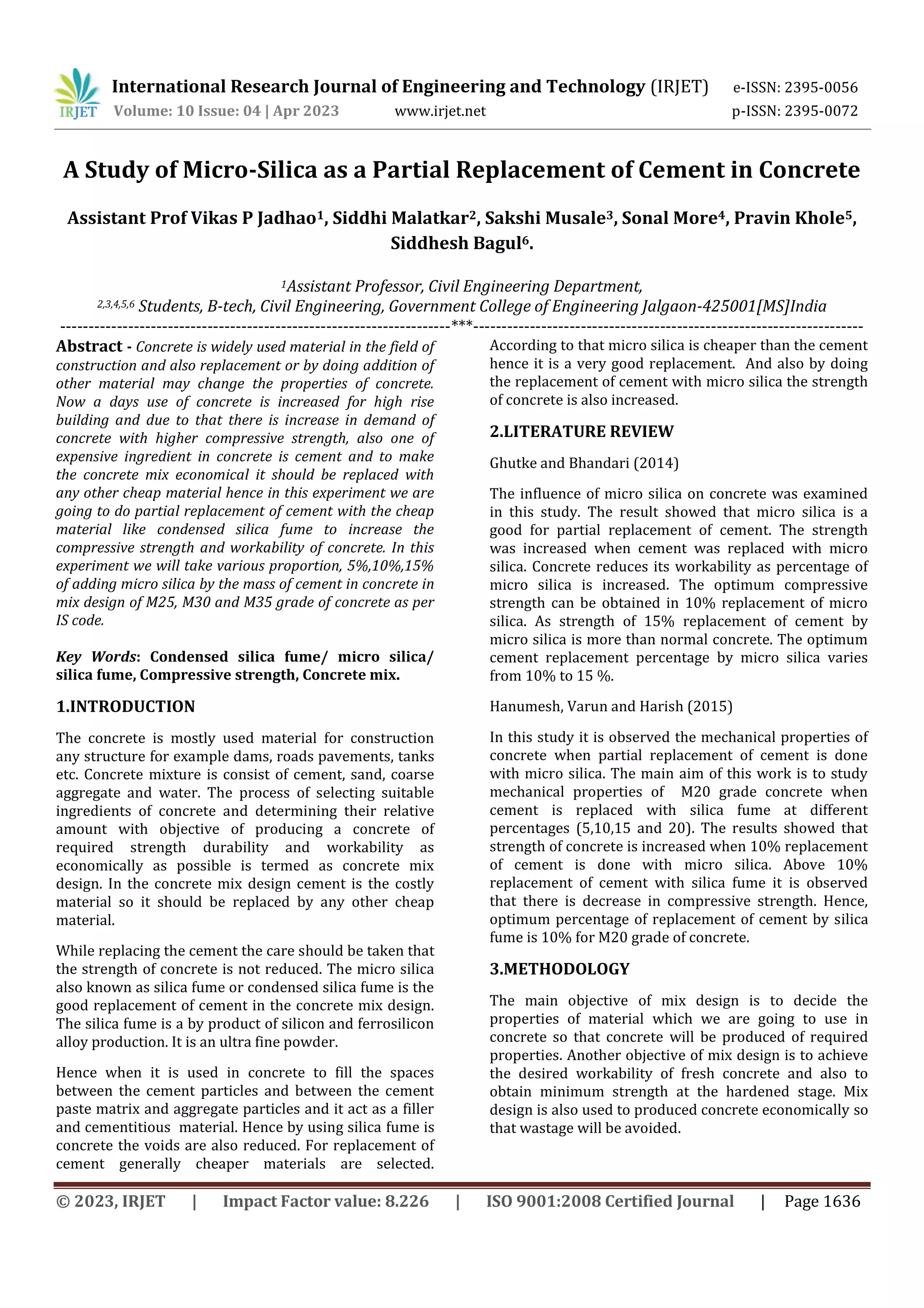 A Study of Micro-Silica as a Partial Replacement of Cement in Concrete ...