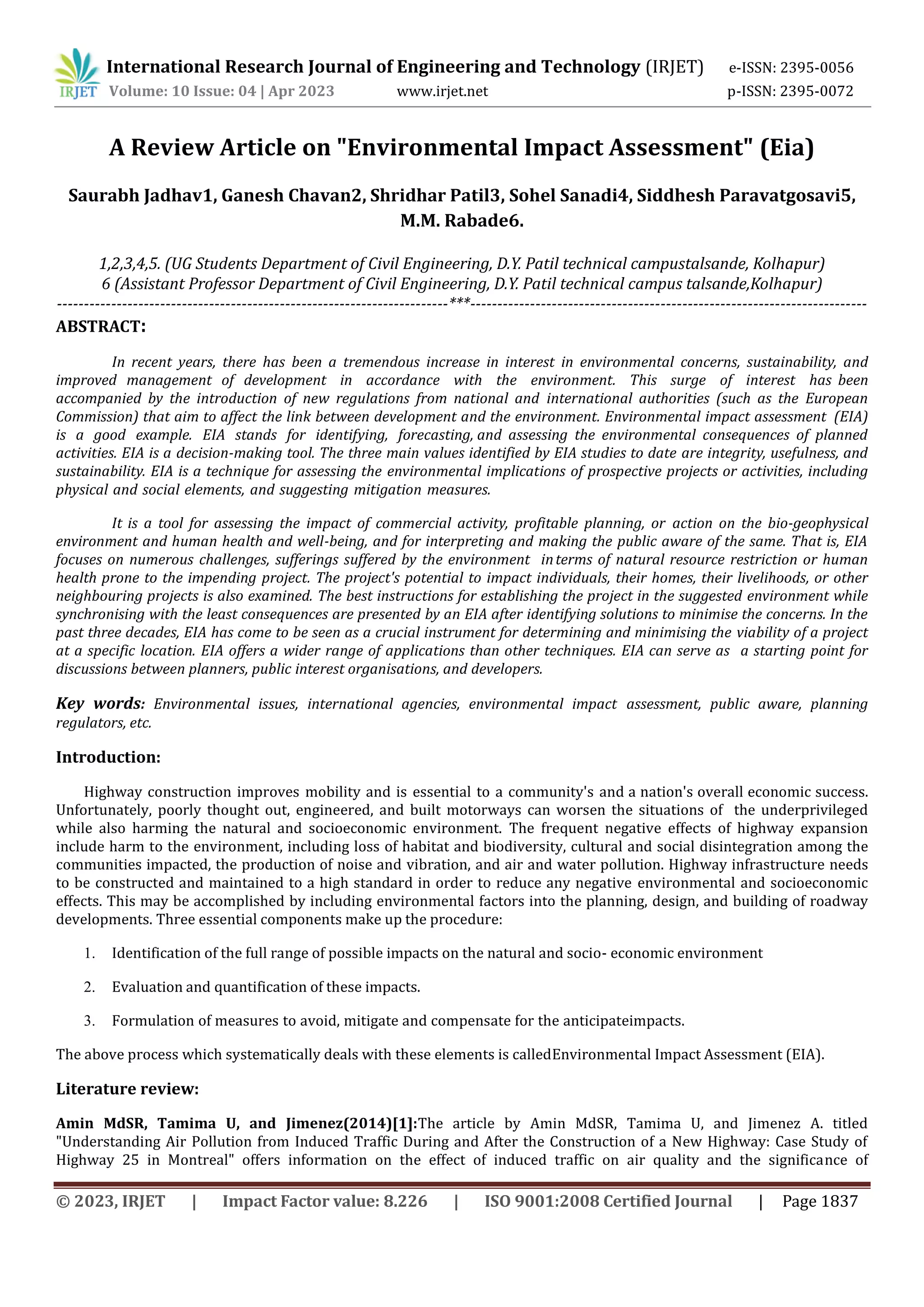 A Review Article on "Environmental Impact Assessment" (Eia) | PDF ...