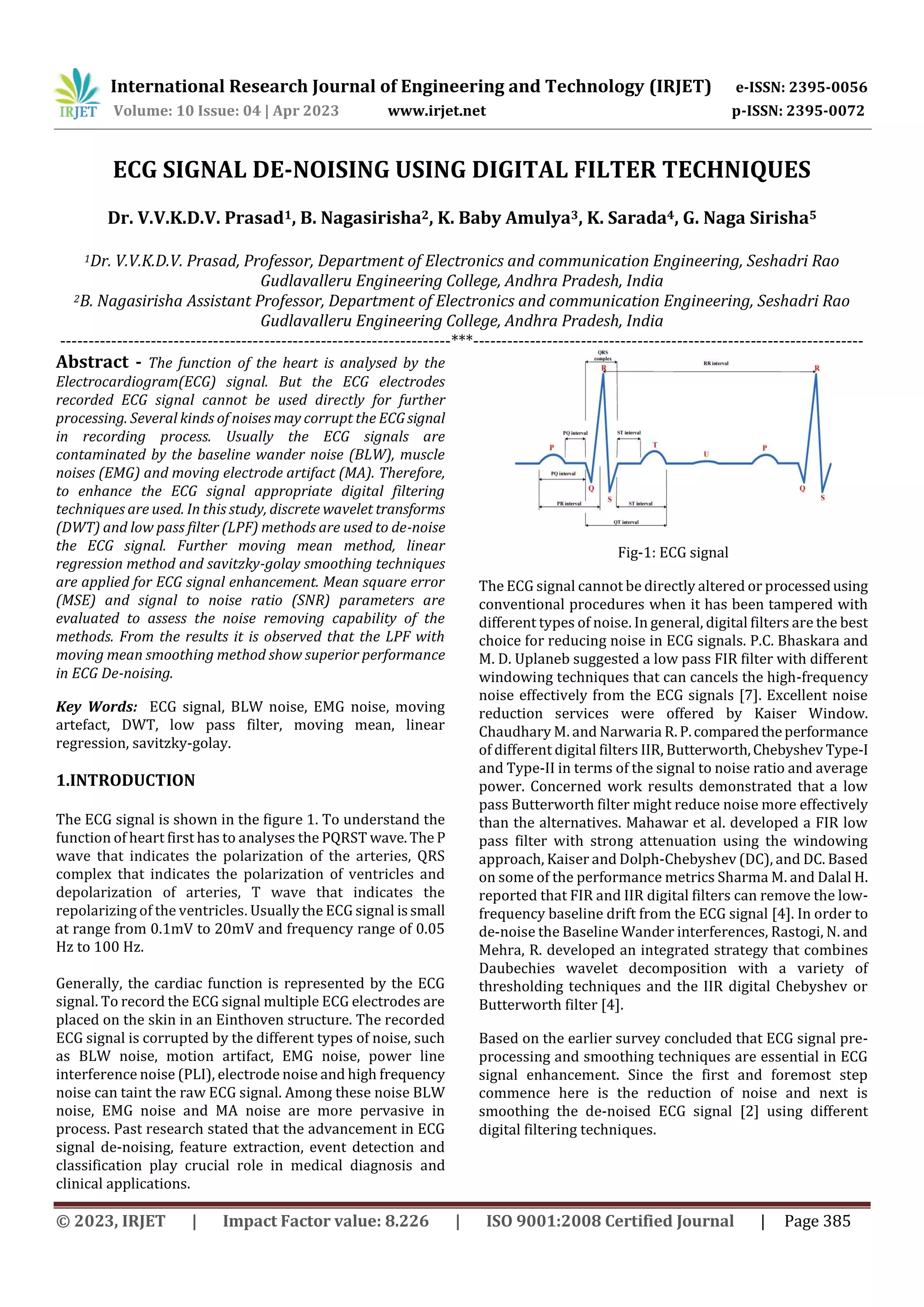 ECG SIGNAL DE-NOISING USING DIGITAL FILTER TECHNIQUES | PDF
