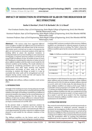 International Research Journal of Engineering and Technology (IRJET) e-ISSN: 2395-0056
Volume: 10 Issue: 04 | Apr 2023 www.irjet.net p-ISSN: 2395-0072
© 2023, IRJET | Impact Factor value: 8.226 | ISO 9001:2008 Certified Journal | Page 472
IMPACT OF REDUCTION IN STIFFNESS OF SLAB ON THE BEHAVIOUR OF
RCC STRUCTURE
Sneha S. Darekar1, Prof. P. R. Barbude2, Dr. S. A. Rasal3
1Post Graduate Student, Dept. of Civil Engineering, Datta Meghe College of Engineering, Airoli, Navi Mumbai
400708, Maharashtra, India
2Assistant Professor, Dept. of Civil Engineering, Datta Meghe College of Engineering, Airoli, Navi Mumbai 400708,
Maharashtra, India
3 Assistant Professor, Dept. of Civil Engineering, Datta Meghe College of Engineering, Airoli, Navi Mumbai 400708,
Maharashtra, India
---------------------------------------------------------------------***---------------------------------------------------------------------
Abstract – The various codes have suggested different
values of stiffness modifiers for differentstructuralelements in
respect of serviceability and ultimate limit of the structure.
The present work is carried out in order to incorporate the
effect of crack section in structural analysis of the high-rise
building (RCC) to attain the maximum resistance to
earthquake loads and to protect building to some extent from
earthquakes. A response spectrum analysis is carried out by
using ETABS 18 software on four 3D models of same 32-story
RCC building by considering the reduction in values of out of
plane stiffness modifiers of all the slabs in each model, for the
ultimate condition of the building. The results obtained are
compared by considering parameters such as top storey
displacement, story drift, major moment and required
reinforcement percentage of shear walls at the base.
According to analysis and design of model 4, it may be
concluded that shear walls will be strengthened and well-
designed during seismic events and this will improve the
seismic performance of the building.
Key Words: slab stiffness, stiffness modifier, crack section
effect.
1. INTRODUCTION
As height of the building increases,havingadequatestrength
and stiffness is very important for resisting lateral loadsand
stability of the high-rise building. Contribution ofstiffnessof
structural members has impact on the overall behaviour of
the building subjected to earthquake. For this study, the
stiffness of slab (out of plane stiffness) is reduced further
while the stiffness values of remaining structural elements
are kept as mentioned in IS 16700: 2017.
In the present study a response spectrum analysis by
ETABS 18 software is performed on four 3D models of
32-story RCC building in order to incorporate the effect of
crack approximately, by further reduction in stiffnessofslab
element in each model for the ultimate condition of the
building.
The Stiffness modifiers are the factors used to reduce
stiffness of concretesectionsfortakingintoconsiderationthe
cracking of RCC sections in analysis of the structure.Stiffness
modifiers are introduced to reduced moment of inertia of
different members due to cracking. The Table-1 shows the
stiffness modifiers given by the variouscodes underfactored
loads.
Table -1: Stiffness modifiers given by different codes
Codes Stiffness Modifiers
Slab Beam Column Wall
IS 16700:2017 0.25 0.35 0.7 0.7
IS 1893:2016 - 0.35 0.7 -
ACI 318:2014 0.25 0.35 0.7 0.7
IS 15988:2013 - 0.5 0.7 0.8
Area element or shell element has two types of stiffnesses in
plane stiffness and out-of-plane stiffness. In plane stiffness
referred to as f11, f22, f12 and out-of-plane stiffness referred
to as m11, m22, m12. In this study, for slab element the in-
plane stiffness modifiers are taken as 0.25 as per Table 6-
cracked RC section properties in IS 16700: 2017, Clause no.
7.2, and the out of plane stiffness modifiers are reduced. Out-
of-plane stiffness modifiers for slab are consideredas0.25Ig
(25% of moment of inertia) in model 1, 0.2 Ig in model 2, 0.1
Ig in model 3 and 0.01 Ig in model 4. For the remaining
structural elements stiffness modifier values are taken as
mentioned in IS 16700:2017.
2. LITERATURE REVIEW
The research work which has been carried out previously on
stiffness reduction of reinforced concrete elements is
reviewed. An investigation of effect of concrete cracking on
the lateral response of building structures is carried out by
Ahmed et.al. (2008)(5). Theyexamined theeffectofconcrete
cracking on itsstiffness. Theycarried out thepresentworkto
study the quantitative effect of cracking and deflections
amplification on the response of RCC building. The building
 