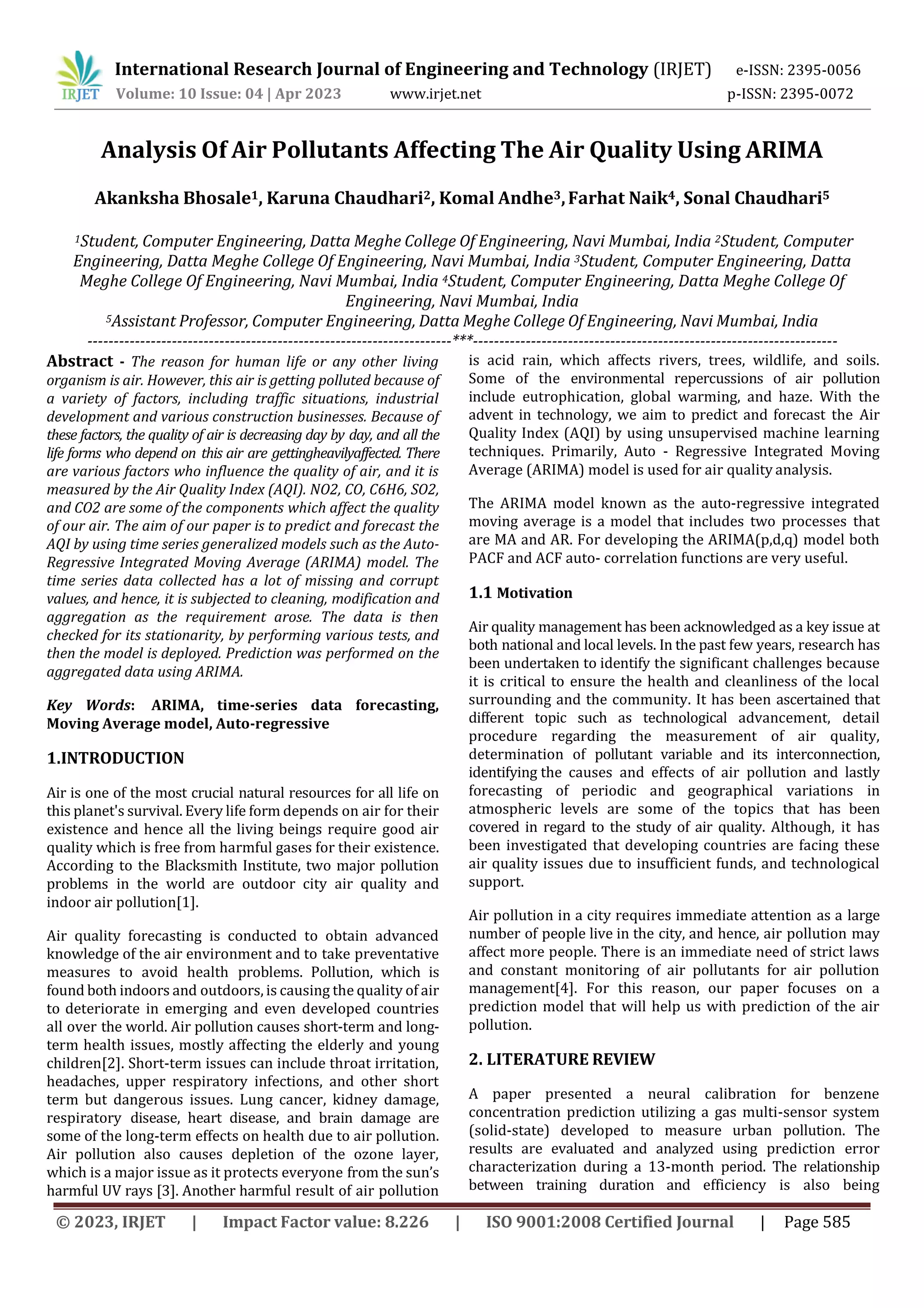 Analysis Of Air Pollutants Affecting The Air Quality Using ARIMA | PDF