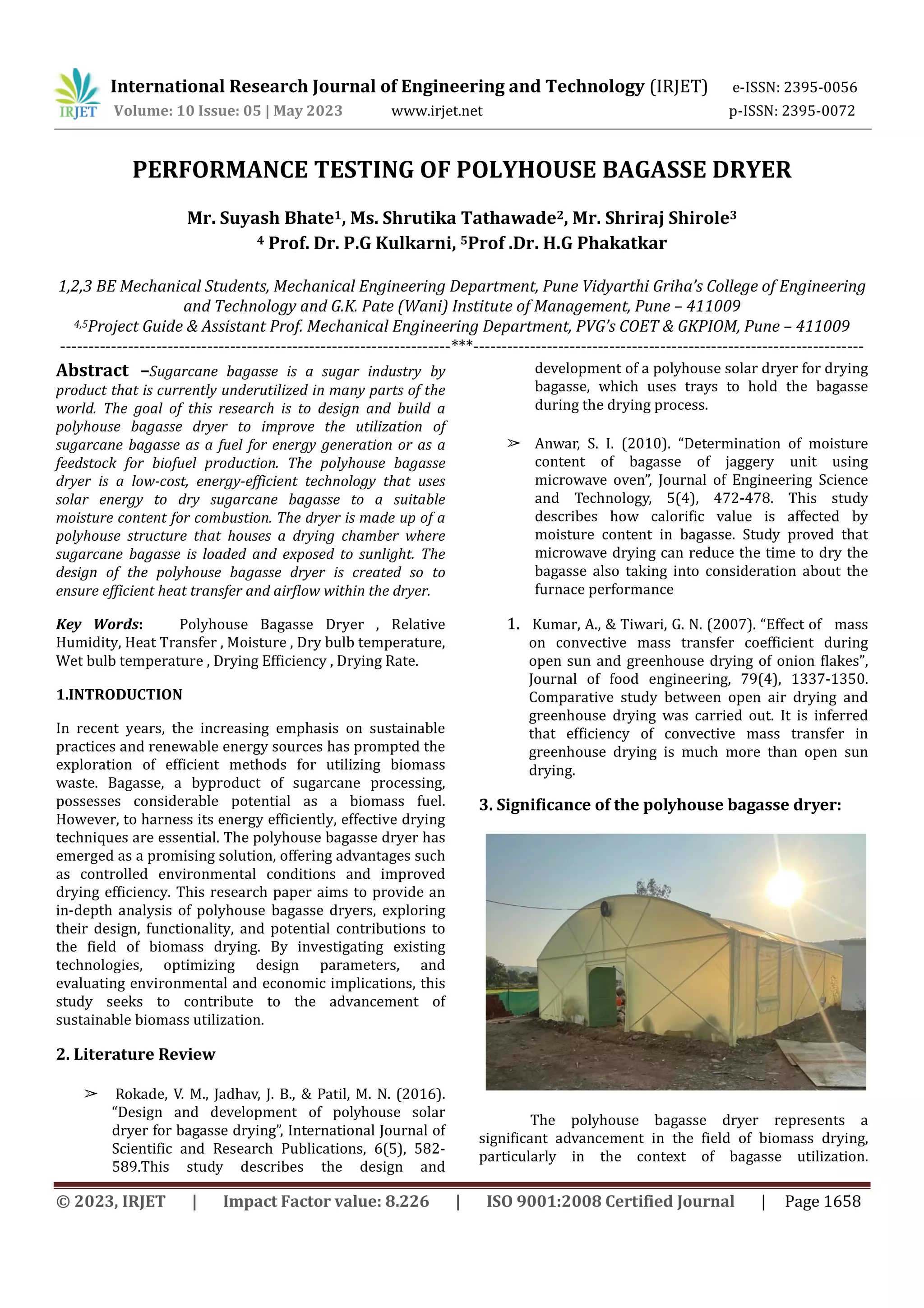 PERFORMANCE TESTING OF POLYHOUSE BAGASSE DRYER | PDF