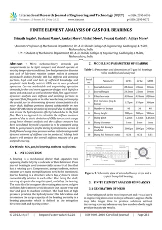 International Research Journal of Engineering and Technology (IRJET) e-ISSN: 2395-0056
Volume: 10 Issue: 05 | May 2023 www.irjet.net p-ISSN: 2395-0072
© 2023, IRJET | Impact Factor value: 8.226 | ISO 9001:2008 Certified Journal | Page 216
FINITE ELEMENT ANALYSIS OF GAS FOIL BEARINGS
Srinath Ingale1, Sushant Mane2, Sanket More3, Vishal More4, Swaraj Kashid5, Aditya More6
1Assistant Professor of Mechanical Department, Dr. A. D. Shinde Collage of Engineering, Gadhinglaj-416502,
Maharashtra, India
2,3,4,5,6 Student of Mechanical Department, Dr. A. D. Shinde Collage of Engineering, Gadhinglaj-416502,
Maharashtra, India
---------------------------------------------------------------------***---------------------------------------------------------------------
Abstract - Micro turbomachinery demands gas
comportments to be light compact and should operate at
varying temperatureconditions. Lowheatgenerationdisunion
and lack of lubricant rotation system makes it compact
dependable andeco-friendly. still low stiffness and damping
portions, high cost and lack of sufficient knowledge and
prophetic tools kindly restricts GFBs use in mass produced
operation. Current marketable and engineering operation
demands further and more aggressive designs with high face
speed and unit loads as well as thinner fluid film. Again rotor-
dynamics analysis uses stiffness and damping portions to
represent fluid film geste or in other words theseportionsplay
the crucial part in determining dynamic characteristics of a
rotor shaft. Stiffness portions depend substantially on two
factors first the static deviation of antipode due to shaft cargo
and second the hydrodynamic effect produced due to the fluid
film. Then's an approach to calculate the stiffness measure
produced due to static deviation of GFBs due to static cargo
using finite element analysis and the stiffness measure has
been calculated. Reynold’s equation is to be answered using
FDM to gain pressure profile during hydrodynamic action of
fluid film and using these pressure values in thebearingmodel
dynamic element of stiffness can be produced. Adding both
factors will produce the overall stiffness measure of a gas
antipode bearing.
Key Words: FEA, gas foil bearing, stiffness coefficients.
1. INTRODUCTION
A bearing is a mechanical device that separates two
opposing shells fully by a subcaste of fluid lubricant. Plain
journal bearing is used commercially in nearly all bias that
has a rotating part. Compressors, pumps turbines, motors
creators are many exemplifications need to be mentioned.
Journal bearing is a structure where two cylinders rotate
concentrically relative to each other. One being the shaft,
rotating at a particular angular speed, and other thebearing.
The main ideal is to support the rotating structures and give
sufficient lubrication to avoid disunion that causeswear and
tear and gash to machine corridor. The fluid film at high
pressure provides the hydrodynamic film lubrication and
determines the cargo capacity of the bearing. curiosity is a
bearing parameter which is defined as the relegation
between shaft and bearing center.
2. MODELLING PARAMETERS OF BEARING
Table-1: Parameters and dimensions of 3 gas foil bearings
to be modelled and analyzed
Serial
no.
Parameter GFB1 GFB2 GFB3
1 Journal diameter 28.5mm 25mm 30mm
2 Journal length 28.5mm 25mm 30mm
3 Film clearance .020mm .020mm .020mm
4
Foil thickness (top &
bump)
127μm 150μm 300μm
5 Number of bumps 40 36 40
6 Bump height 580μm 580μm 580μm
7 Bump pitch 1.2mm 1.3mm 1.15mm
8 Bump diameter 1mm 1mm 1mm
9
Bump foil Young’s
modulus
200Gpa 200Gpa 200Gpa
10 Bump foil Poisson’s ratio 0.31 0.31 0.31
Figure- 3: Schematic view of extended bump strips and a
typical bump foil bearing
3. FINITE ELEMENT ANALYSIS USING ANSYS
3.1 GENERATION OF MESH
Generating mesh is the most important and critical work
in engineering simulationin Ansyssoftware.Largenoofcells
may take longer time to produce solutions without
increasing accuracy whereas very few number ofcellsmight
produce inaccurate results.
 