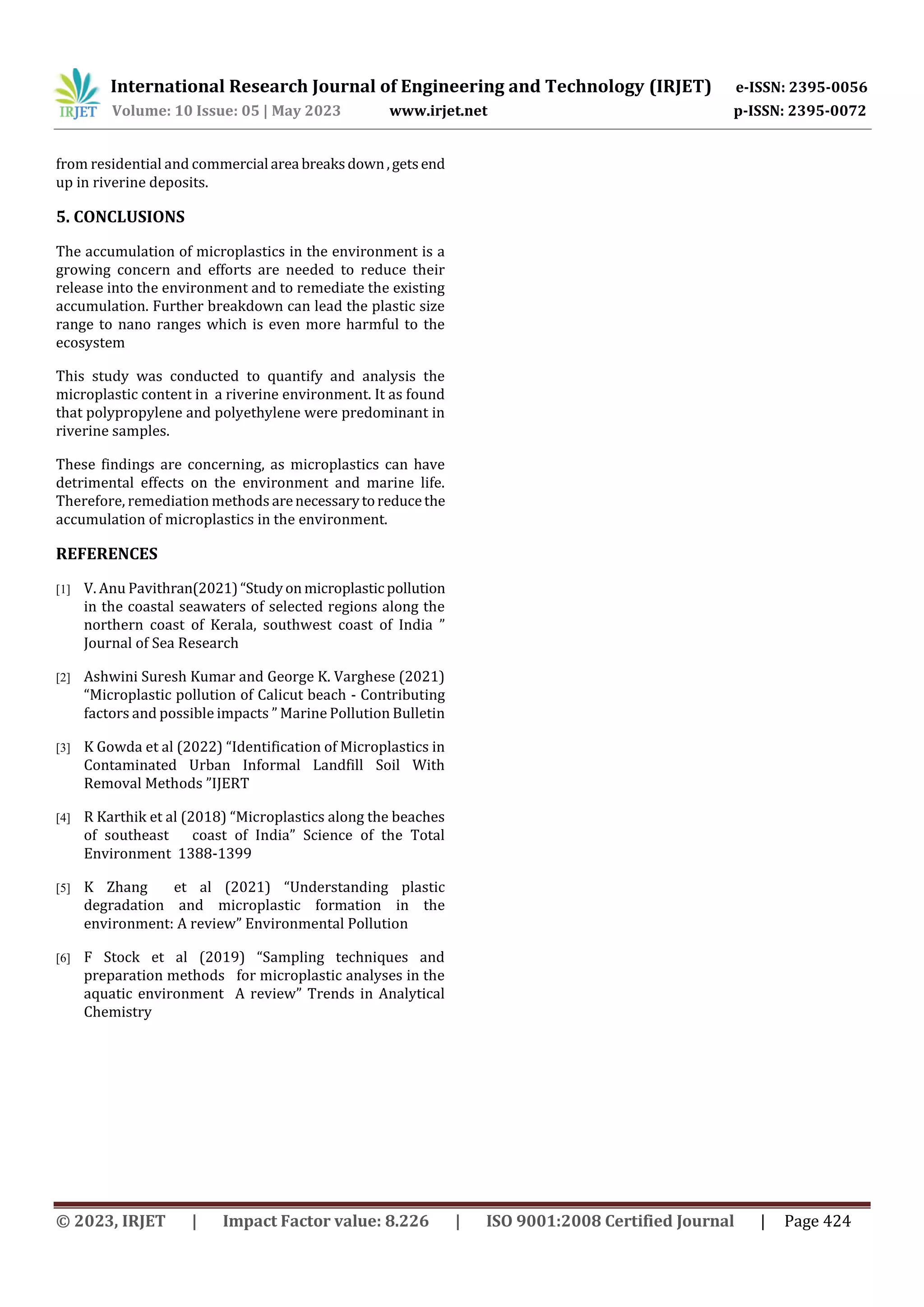 Identification and analysis of Microplastics in Riverine Environment in