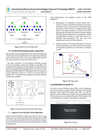 International Research Journal of Engineering and Technology (IRJET) e-ISSN: 2395-0056
Volume: 10 Issue: 05 | May 2023 www.irjet.net p-ISSN: 2395-0072
© 2023, IRJET | Impact Factor value: 8.226 | ISO 9001:2008 Certified Journal | Page 439
Fig. 4: Random Forest Algorithm
IV. Gradient Boosting Classifier Algorithm:
This gradient boosting algorithm is the most used algorithm
in the machine learning field because it makes less mistakes
and is widely known. It is used to accuratelypredicterrorsin
the system and also used to lessen the errors.
The base estimator in the gradient boosting process
cannot be identified, unlike the AdaBoost algorithm. The
Gradient Boost algorithm's default finder,DecisionStump,is
fixed. The gradient boosting algorithm's n estimator can be
adjusted, just like AdaBoost. Thedefaultvalueofn_estimator
for this algorithm, however, is 100 if we do not specify a
number for it. It will forecast categorical variables and also
continuous variables.
Fig. 5: Gradient Boosting Classifier Algorithm
V. Support Vector Machine (SVM) Algorithm:
Support Vector Machine is liked by everyone and it is used
everywhere to solve the problems.Themain purposeofSVM
is to create a boundary that divides the system into subparts
which will help us to find answers and the boundaryiscalled
as Hyperplane.
Using Hyperplanes and Support vectors in the SVM
algorithm:
1. Hyperplane: It is feasible to divide classes into a
variety of lines or decision boundaries into multi-
dimensions, but it is necessary to find the decision
boundary which is best for categorizing the data
points. This ideal boundary is known as the SVM
hyperplane. Given that the dataset's features define
the hyperplane's dimensions, a straight line will be
the hyperplane if there are just two features. In
addition, the hyperplane will only have two
dimensions if there are three features.
2. Support vectors: The closest data points or vectors
near the hyperplane and those that have an impact
on the plane's position are referred to as Support
vectors.
Fig. 6: SVM Algorithm
8. EXPERIMENTAL RESULTS
In order to assess whether a given URL is real or phishing,
the system is given a dataset of URL attributes including IP
Address, URL Length, URL Depth, Tiny URL, etc. and the
dataset is trainedusingvariousmachinelearningalgorithms.
The system processes, analyzes the given URL and gives the
result whether the website is phishing or legitimate.
Fig. 7: Home Page
 