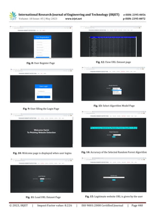 International Research Journal of Engineering and Technology (IRJET) e-ISSN: 2395-0056
Volume: 10 Issue: 05 | May 2023 www.irjet.net p-ISSN: 2395-0072
© 2023, IRJET | Impact Factor value: 8.226 | ISO 9001:2008 Certified Journal | Page 440
Fig. 8: User Register Page
Fig. 9: User filling the Login Page
Fig. 10: Welcome page is displayed when user logins
Fig. 11: Load URL Dataset Page
Fig. 14: Accuracy of the Selected Random Forest Algorithm
Fig. 12: View URL Dataset page
Fig. 13: Select Algorithm Model Page
Fig. 15: Legitimate website URL is given by the user
 