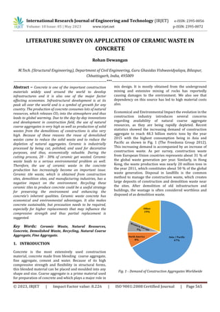 International Research Journal of Engineering and Technology (IRJET) e-ISSN: 2395-0056
Volume: 10 Issue: 05 | May 2023 www.irjet.net p-ISSN: 2395-0072
© 2023, IRJET | Impact Factor value: 8.226 | ISO 9001:2008 Certified Journal | Page 565
LITERATURE SURVEY ON APPLICATION OF CERAMIC WASTE IN
CONCRETE
Rohan Dewangan
M.Tech. (Structural Engineering), Department of Civil Engineering, Guru Ghasidas Vishwavidyalaya, Bilaspur,
Chhattisgarh, India, 495009
---------------------------------------------------------------------***----------------------------------------------------------------------
Abstract – Concrete is one of the important construction
materials widely used around the world to develop
infrastructures and it is also one of the major factor
affecting economies. Infrastructural development is at its
peak all over the world and is a symbol of growth for any
country. The production of concrete consumes lots of natural
resources, which releases CO2 into the atmosphere and thus
leads to global warming. Due to the day-by-day innovations
and development in construction field, the use of natural
coarse aggregates is very high as well as production of solid
wastes from the demolitions of constructions is also very
high. Because of these reasons the reuse of demolished
wastes came to reduce the solid waste and to reduce the
depletion of natural aggregates. Ceramic is industrially
processed by being cut, polished, and used for decorative
purposes, and thus, economically valuable. During the
cutting process, 20 - 30% of ceramic get wasted. Ceramic
waste leads to a serious environmental problem as well.
Therefore, the use of ceramic waste in the concrete
production has increasingly become an important issue.
Ceramic tile waste, which is obtained from construction
sites, demolition sites, and manufacturing industries, has a
negative impact on the environment. Recycling these
ceramic tiles to produce concrete could be a useful strategy
for preserving the environment and enhancing the
concrete's inherent qualities. Ceramic waste concrete has
economical and environmental advantages. It also makes
concrete sustainable, but precaution needs to be required,
especially for higher replacements that may influence the
compressive strength and thus partial replacement is
suggested.
Key Words: Ceramic Waste, Natural Resources,
Concrete, Demolished Waste, Recycling, Natural Coarse
Aggregate, Fine Aggregate.
1. INTRODUCTION
Concrete is the most extensively used construction
material, concrete made from blending coarse aggregate,
fine aggregate, cement and water. Because of its high
compressive strength and flexibility in structural forms,
this blended material can be placed and moulded into any
shape and size. Coarse aggregate is a prime material used
for preparation of concrete and which plays a major role in
mix design. It is mostly obtained from the underground
mining and extensive mining of rocks has reportedly
causing damages to the environment. We also see that
dependency on this source has led to high material costs
also.
Economical and Environmental Impact the evolution in the
construction industry introduces several concerns
regarding availability of natural coarse aggregate
resources, as they are being rapidly depleted. Recent
statistics showed the increasing demand of construction
aggregate to reach 48.3 billion metric tons by the year
2015 with the highest consumption being in Asia and
Pacific as shown in Fig. 1 (The Freedonia Group 2012).
This increasing demand is accompanied by an increase of
construction waste. As per survey, construction waste
from European Union countries represents about 31 % of
the global waste generation per year. Similarly, in Hong
Kong, the waste production was nearly 20 million tons in
the year 2011, which constitutes about 50 % of the global
waste generation. Disposal in landfills is the common
method to manage the construction waste, which creates
large deposits of construction and demolition waste near
the sites. After demolition of old infrastructure and
buildings, the wastage is often considered worthless and
disposed of as demolition waste.
Fig. 1 - Demand of Construction Aggregates Worldwide
 