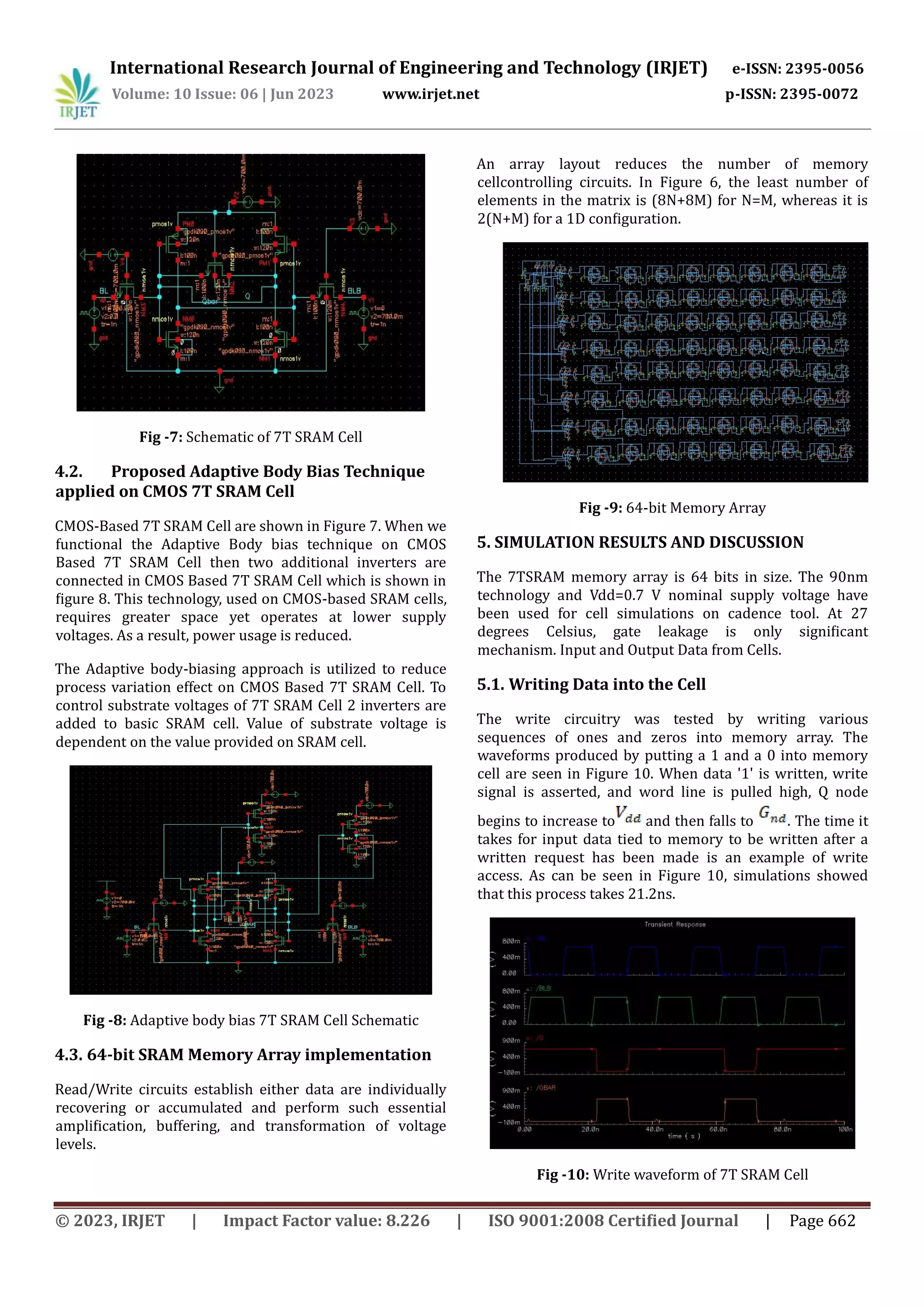 International Research Journal of Engineering and Technology (IRJET) e-ISSN: 2395-0056 Volume: 10 Issue: 06 | Jun 2023 www.irjet.net p-ISSN: 2395-0072 © 2023, IRJET | Impact Factor value: 8.226 | ISO 9001:2008 Certified Journal | Page 662 Fig -7: Schematic of 7T SRAM Cell 4.2. Proposed Adaptive Body Bias Technique applied on CMOS 7T SRAM Cell CMOS-Based 7T SRAM Cell are shown in Figure 7. When we functional the Adaptive Body bias technique on CMOS Based 7T SRAM Cell then two additional inverters are connected in CMOS Based 7T SRAM Cell which is shown in figure 8. This technology, used on CMOS-based SRAM cells, requires greater space yet operates at lower supply voltages. As a result, power usage is reduced. The Adaptive body-biasing approach is utilized to reduce process variation effect on CMOS Based 7T SRAM Cell. To control substrate voltages of 7T SRAM Cell 2 inverters are added to basic SRAM cell. Value of substrate voltage is dependent on the value provided on SRAM cell. Fig -8: Adaptive body bias 7T SRAM Cell Schematic 4.3. 64-bit SRAM Memory Array implementation Read/Write circuits establish either data are individually recovering or accumulated and perform such essential amplification, buffering, and transformation of voltage levels. An array layout reduces the number of memory cellcontrolling circuits. In Figure 6, the least number of elements in the matrix is (8N+8M) for N=M, whereas it is 2(N+M) for a 1D configuration. Fig -9: 64-bit Memory Array 5. SIMULATION RESULTS AND DISCUSSION The 7TSRAM memory array is 64 bits in size. The 90nm technology and Vdd=0.7 V nominal supply voltage have been used for cell simulations on cadence tool. At 27 degrees Celsius, gate leakage is only significant mechanism. Input and Output Data from Cells. 5.1. Writing Data into the Cell The write circuitry was tested by writing various sequences of ones and zeros into memory array. The waveforms produced by putting a 1 and a 0 into memory cell are seen in Figure 10. When data '1' is written, write signal is asserted, and word line is pulled high, Q node begins to increase to and then falls to . The time it takes for input data tied to memory to be written after a written request has been made is an example of write access. As can be seen in Figure 10, simulations showed that this process takes 21.2ns. Fig -10: Write waveform of 7T SRAM Cell 