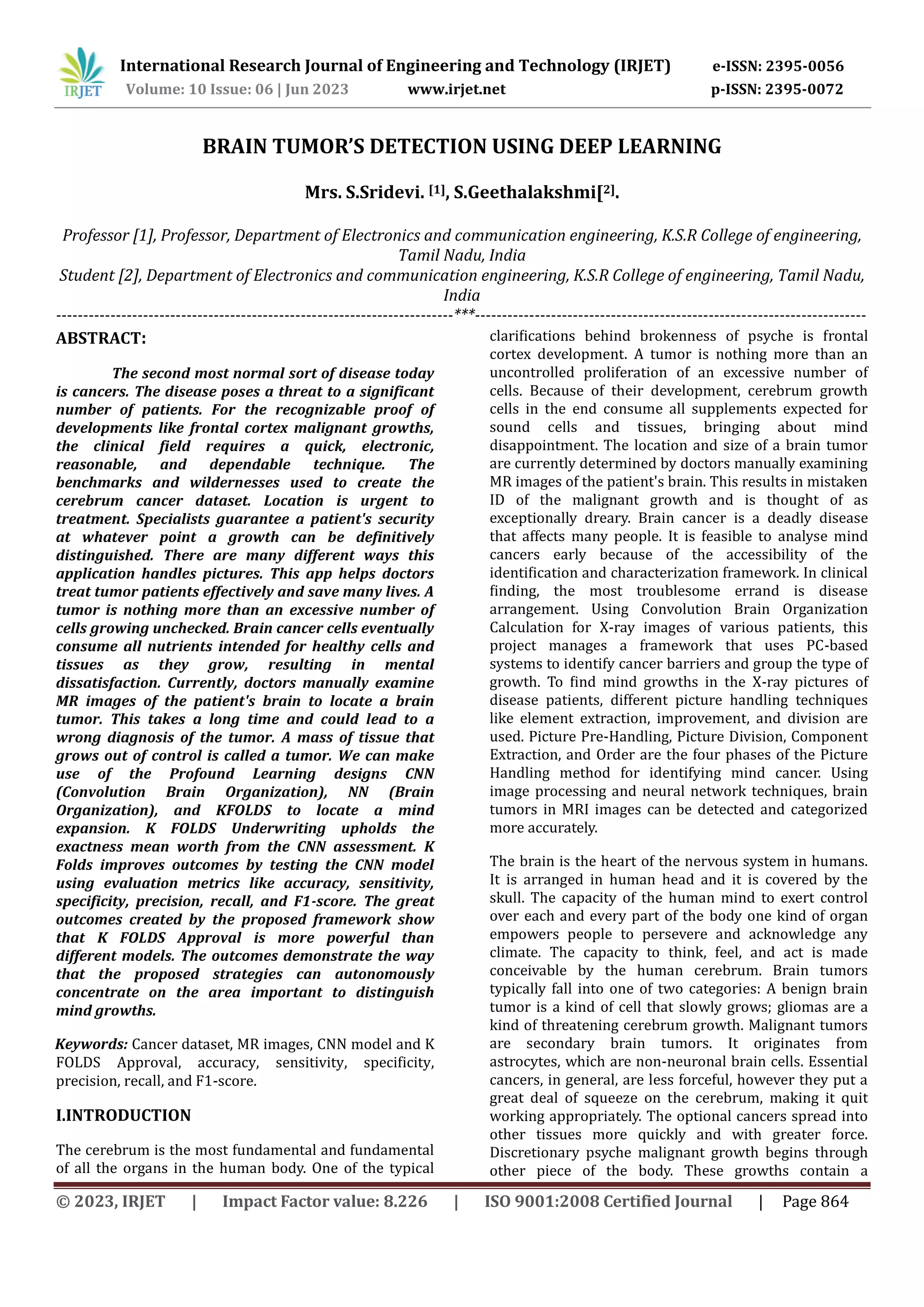 BRAIN TUMOR’S DETECTION USING DEEP LEARNING | PDF