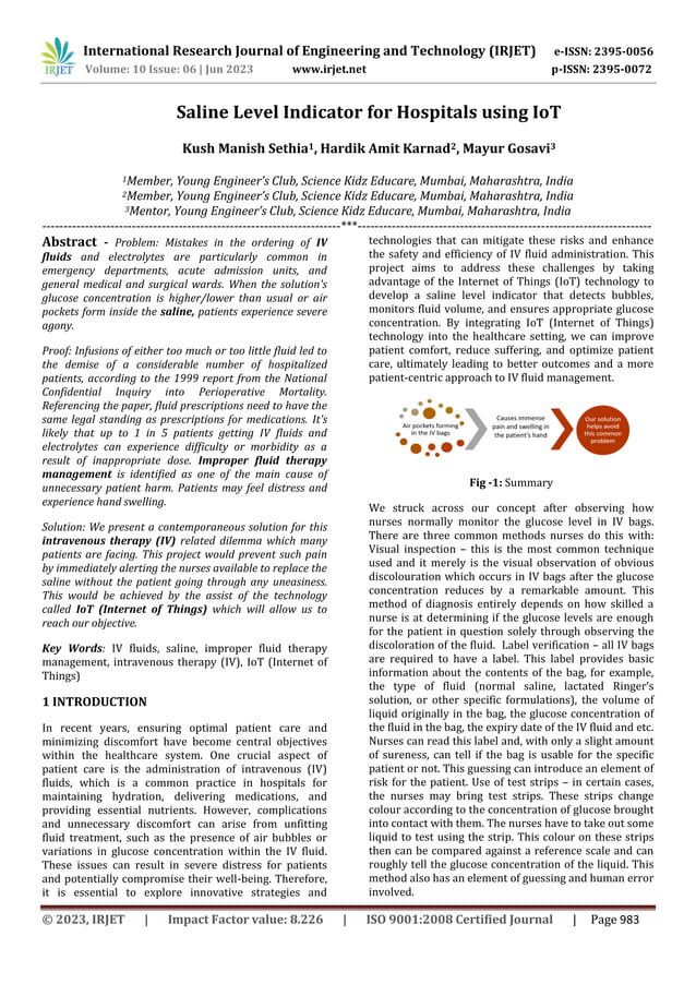 Saline Level Indicator for Hospitals using IoT | PDF | First Aid | Injuries