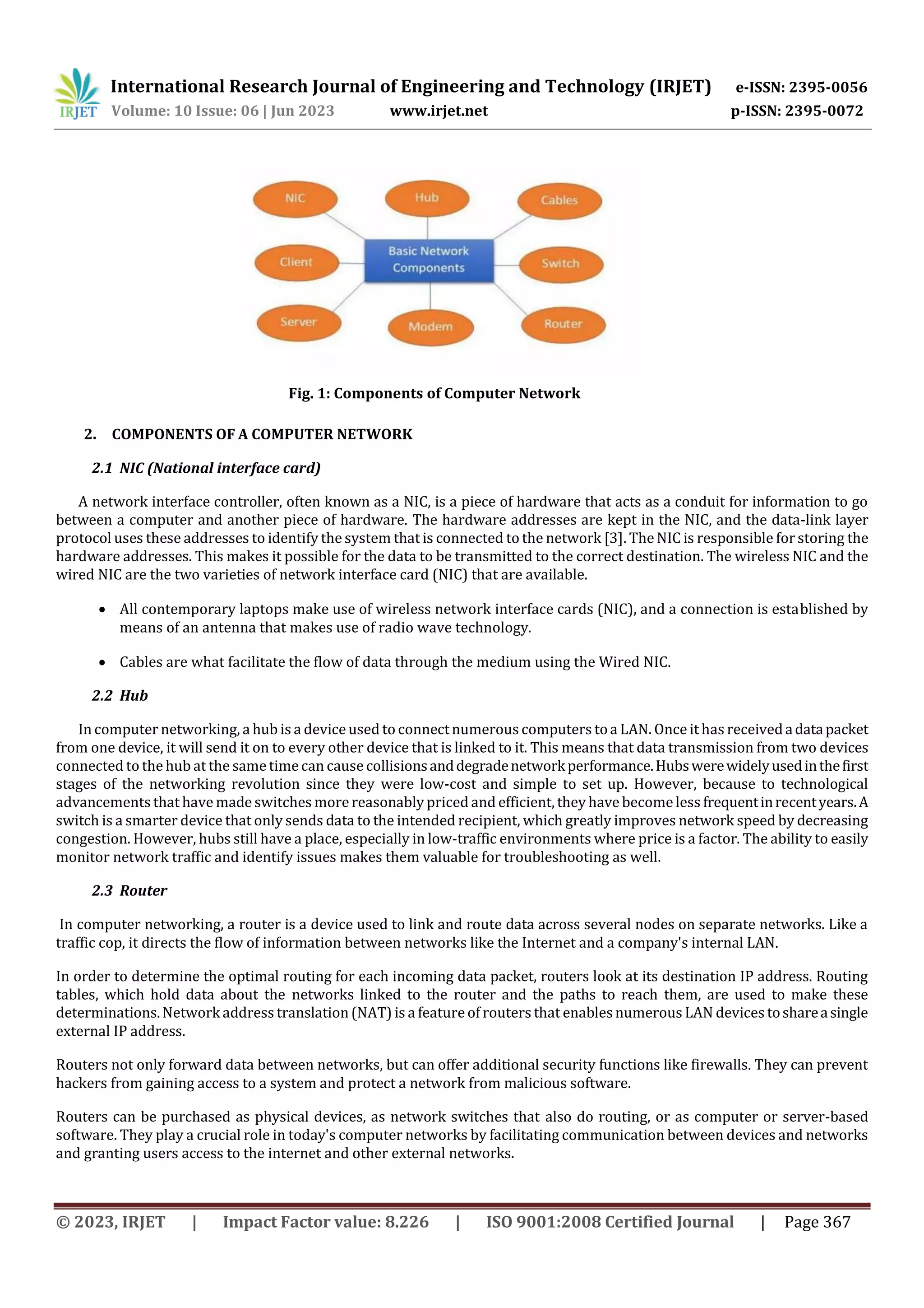 International Research Journal of Engineering and Technology (IRJET) e-ISSN: 2395-0056
Volume: 10 Issue: 06 | Jun 2023 www.irjet.net p-ISSN: 2395-0072
© 2023, IRJET | Impact Factor value: 8.226 | ISO 9001:2008 Certified Journal | Page 367
Fig. 1: Components of Computer Network
2. COMPONENTS OF A COMPUTER NETWORK
2.1 NIC (National interface card)
A network interface controller, often known as a NIC, is a piece of hardware that acts as a conduit for information to go
between a computer and another piece of hardware. The hardware addresses are kept in the NIC, and the data-link layer
protocol uses these addresses to identify the system that is connected to the network [3]. The NIC is responsible forstoring the
hardware addresses. This makes it possible for the data to be transmitted to the correct destination. The wireless NIC and the
wired NIC are the two varieties of network interface card (NIC) that are available.
 All contemporary laptops make use of wireless network interface cards (NIC), and a connection is established by
means of an antenna that makes use of radio wave technology.
 Cables are what facilitate the flow of data through the medium using the Wired NIC.
2.2 Hub
In computer networking, a hub is a device used to connectnumerous computers toa LAN. Once it has receivedadatapacket
from one device, it will send it on to every other device that is linked to it. This means that data transmission from two devices
connected to the hub at the same timecan cause collisionsanddegradenetworkperformance.Hubswerewidelyusedinthefirst
stages of the networking revolution since they were low-cost and simple to set up. However, because to technological
advancements that have made switches more reasonably priced and efficient, they have becomeless frequentinrecentyears.A
switch is a smarter device that only sends data to the intended recipient, which greatly improves network speed by decreasing
congestion. However, hubs still have a place, especially in low-traffic environments where price is a factor. The ability to easily
monitor network traffic and identify issues makes them valuable for troubleshooting as well.
2.3 Router
In computer networking, a router is a device used to link and route data across several nodes on separate networks. Like a
traffic cop, it directs the flow of information between networks like the Internet and a company's internal LAN.
In order to determine the optimal routing for each incoming data packet, routers look at its destination IP address. Routing
tables, which hold data about the networks linked to the router and the paths to reach them, are used to make these
determinations.Networkaddress translation (NAT) is a featureof routers that enablesnumerous LAN devices toshareasingle
external IP address.
Routers not only forward data between networks, but can offer additional security functions like firewalls. They can prevent
hackers from gaining access to a system and protect a network from malicious software.
Routers can be purchased as physical devices, as network switches that also do routing, or as computer or server-based
software. They play a crucial role in today's computer networks by facilitating communication between devices and networks
and granting users access to the internet and other external networks.
 