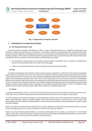 International Research Journal of Engineering and Technology (IRJET) e-ISSN: 2395-0056
Volume: 10 Issue: 06 | Jun 2023 www.irjet.net p-ISSN: 2395-0072
© 2023, IRJET | Impact Factor value: 8.226 | ISO 9001:2008 Certified Journal | Page 367
Fig. 1: Components of Computer Network
2. COMPONENTS OF A COMPUTER NETWORK
2.1 NIC (National interface card)
A network interface controller, often known as a NIC, is a piece of hardware that acts as a conduit for information to go
between a computer and another piece of hardware. The hardware addresses are kept in the NIC, and the data-link layer
protocol uses these addresses to identify the system that is connected to the network [3]. The NIC is responsible forstoring the
hardware addresses. This makes it possible for the data to be transmitted to the correct destination. The wireless NIC and the
wired NIC are the two varieties of network interface card (NIC) that are available.
 All contemporary laptops make use of wireless network interface cards (NIC), and a connection is established by
means of an antenna that makes use of radio wave technology.
 Cables are what facilitate the flow of data through the medium using the Wired NIC.
2.2 Hub
In computer networking, a hub is a device used to connectnumerous computers toa LAN. Once it has receivedadatapacket
from one device, it will send it on to every other device that is linked to it. This means that data transmission from two devices
connected to the hub at the same timecan cause collisionsanddegradenetworkperformance.Hubswerewidelyusedinthefirst
stages of the networking revolution since they were low-cost and simple to set up. However, because to technological
advancements that have made switches more reasonably priced and efficient, they have becomeless frequentinrecentyears.A
switch is a smarter device that only sends data to the intended recipient, which greatly improves network speed by decreasing
congestion. However, hubs still have a place, especially in low-traffic environments where price is a factor. The ability to easily
monitor network traffic and identify issues makes them valuable for troubleshooting as well.
2.3 Router
In computer networking, a router is a device used to link and route data across several nodes on separate networks. Like a
traffic cop, it directs the flow of information between networks like the Internet and a company's internal LAN.
In order to determine the optimal routing for each incoming data packet, routers look at its destination IP address. Routing
tables, which hold data about the networks linked to the router and the paths to reach them, are used to make these
determinations.Networkaddress translation (NAT) is a featureof routers that enablesnumerous LAN devices toshareasingle
external IP address.
Routers not only forward data between networks, but can offer additional security functions like firewalls. They can prevent
hackers from gaining access to a system and protect a network from malicious software.
Routers can be purchased as physical devices, as network switches that also do routing, or as computer or server-based
software. They play a crucial role in today's computer networks by facilitating communication between devices and networks
and granting users access to the internet and other external networks.
 