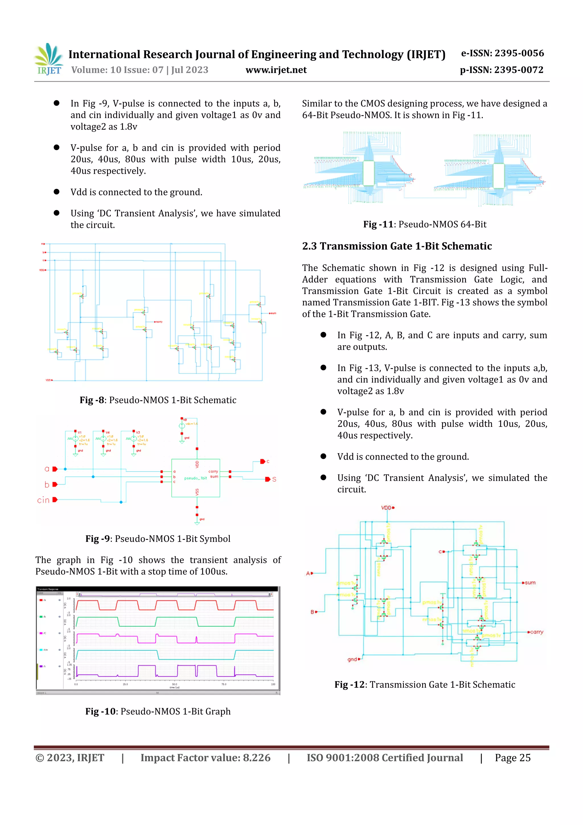 International Research Journal of Engineering and Technology (IRJET) e-ISSN: 2395-0056
Volume: 10 Issue: 07 | Jul 2023 www.irjet.net p-ISSN: 2395-0072
© 2023, IRJET | Impact Factor value: 8.226 | ISO 9001:2008 Certified Journal | Page 25
 In Fig -9, V-pulse is connected to the inputs a, b,
and cin individually and given voltage1 as 0v and
voltage2 as 1.8v
 V-pulse for a, b and cin is provided with period
20us, 40us, 80us with pulse width 10us, 20us,
40us respectively.
 Vdd is connected to the ground.
 Using ‘DC Transient Analysis’, we have simulated
the circuit.
Fig -8: Pseudo-NMOS 1-Bit Schematic
Fig -9: Pseudo-NMOS 1-Bit Symbol
The graph in Fig -10 shows the transient analysis of
Pseudo-NMOS 1-Bit with a stop time of 100us.
Fig -10: Pseudo-NMOS 1-Bit Graph
Similar to the CMOS designing process, we have designed a
64-Bit Pseudo-NMOS. It is shown in Fig -11.
Fig -11: Pseudo-NMOS 64-Bit
2.3 Transmission Gate 1-Bit Schematic
The Schematic shown in Fig -12 is designed using Full-
Adder equations with Transmission Gate Logic, and
Transmission Gate 1-Bit Circuit is created as a symbol
named Transmission Gate 1-BIT. Fig -13 shows the symbol
of the 1-Bit Transmission Gate.
 In Fig -12, A, B, and C are inputs and carry, sum
are outputs.
 In Fig -13, V-pulse is connected to the inputs a,b,
and cin individually and given voltage1 as 0v and
voltage2 as 1.8v
 V-pulse for a, b and cin is provided with period
20us, 40us, 80us with pulse width 10us, 20us,
40us respectively.
 Vdd is connected to the ground.
 Using ‘DC Transient Analysis’, we simulated the
circuit.
Fig -12: Transmission Gate 1-Bit Schematic
 
