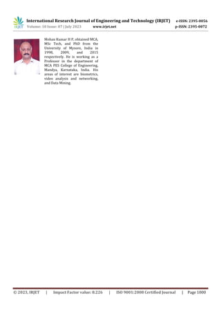 International Research Journal of Engineering and Technology (IRJET) e-ISSN: 2395-0056
Volume: 10 Issue: 07 | July 2023 www.irjet.net p-ISSN: 2395-0072
© 2023, IRJET | Impact Factor value: 8.226 | ISO 9001:2008 Certified Journal | Page 1000
Mohan Kumar H P, obtained MCA,
MSc Tech, and PhD from the
University of Mysore, India in
1998, 2009, and 2015
respectively. He is working as a
Professor in the department of
MCA PES College of Engineering,
Mandya, Karnataka, India. His
areas of interest are biometrics,
video analysis and networking,
and Data Mining.
 