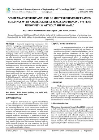 International Research Journal of Engineering and Technology (IRJET) e-ISSN: 2395-0056
Volume: 10 Issue: 07 | July 2023 www.irjet.net p-ISSN: 2395-0072
© 2023, IRJET | Impact Factor value: 8.226 | ISO 9001:2008 Certified Journal | Page 1093
“COMPARATIVE STUDY ANALYSIS OF MULTI STOREYED RC FRAMED
BUILDINGS WITH AAC BLOCK INFILL WALLS AND BRACING SYSTEMS
USING WITH & WITHOUT SHEAR WALL”
Mr. Tanwar Mohammed Ali M Yaqoob 1, Mr. Mohit Jakhar 2,
Tanwar Mohammed Ali M YaqoobM.tech Scholar Maharishi Arvind International institute of technology, kota
(Rajasthan) Mr Mr. Mohit Jakhar, Assitant Professor Maharishi Arvind International institute of technology, kota
(Rajasthan)
---------------------------------------------------------------------***---------------------------------------------------------------------
Abstract - Structural engineering encompasses the
activities of designing,constructing,andmaintainingvarious
structures. The study and designofstructuresthatsustainor
resist loads in accordance with the needsofbuildingsare the
focus of structural engineering. In framed buildings, infill
walls play a vital role in enhancing the structural rigidity.
Among the various lightweight and flexible materials used
for infill, Autoclaved Aerated Concrete (AAC) blocks are
commonly employed. This study focuses on conducting
response spectrum analysis through E-tabs software to
evaluate the seismic performance ofa multi-storyRCframed
building with AAC block infill walls and bracing systems,
considering both with and without shear walls. A
comparative analysis of key parameters such as base shear,
displacement, besides storey drift was conducted between
these models and the bracing systems in multi-story RC
framed models. In this study, I analyse a G+30, G+40 &
G+50 buildings with a AAC infill wall with andwithoutshear
wall also with a bracing system with and with out shear wall
in zone 3 of a strong seismic zone. Models arethesubject ofa
dynamics analysis. Model output seismic parameters,
including base shear, maximum storey displacement, also
maximum storey drift using ETAB 2019, a modelling and
analysis programme.
Key Words: Multi Storey Building, AAC Infill Wall,
Breacing System, Shear Wall
1.INTRODUCTION
People are more excited and eager to relocate from
rural to urban areas in the current development era inorder
to take advantage of the increased amenities and improve
the prosperity of their life. Due to urbanisation, land will be
scarce and expensive even if it is accessible, making it out of
reach for the average middle-class person. The multi-story
building has to be constructed over time. According to
technical expertise, whenever it is necessary to design a
building that is rising vertically, the influence of lateral load
dramatically increases and poses a significant challenge to
their stability. At the top of the structure,thelateral loadsfor
multi storeyed structure are very important. the lateral
pressures impacting the structure caused story drift and
even lead to uplifting the column.
1.1 (AAC) Blocks Infilled wall
The approximate dimensions of an AAC block
are 600/625 mm 200/240 mm 100-300 mm. Density is
around one-third that of a standard clay brickpart.Oneof
the most significant advantages of the AAC over
conventional cementation construction materials are its
decreased environmental effect. It produces less
efflorescence. It has excellentthermalinsulation.Because
the material can be directed and cut to size onsite using
common carbon steel band saws, handsaws, and drills,
installation is simple and rapid. AAC is now utilized in
many nations throughout the world. The most essential
factors influencing seismic building configuration are
overall geometry, the structural arrangements, and load
routes. The influence of Horizontal or else Plan Aspect
Ratio (L/B ratio) on multi storey R.C. framed building
with the AAC infill walls is studied in this study, where B
stands the base width also L is the building frame length.
1.2 BRACING
The bracingsystemisresponsibleforsupportingthe
lateral loads, while the beams & columns comprising the
frame bear the vertical loads. However, the placement of
braces can pose challenges as it may inhibit with the design
of the façade and the positioning of openings. In response,
buildings designed in high-tech or post-modernist styles
have incorporated bracing as an architectural feature, either
on the interior or exterior of the structure.
2. Literature Review
Mohammed Nauman and Nazrul Islam (2014) conducted
a study on the behavior of reinforced concrete multistory
structures with and without infill walls. Reinforcedconcrete
framed structures are widely used worldwide due to their
ease of construction and efficient progress. In these
structures, brick or block masonry is often incorporated as
infill panels, providing supplementary lateral stiffnesstothe
overall structure. The behavior of such structures differs
significantly from bare frame structures.
 