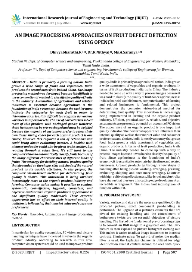 AN IMAGE PROCESSING APPROACHES ON FRUIT DEFECT DETECTION USING OPENCV | PDF