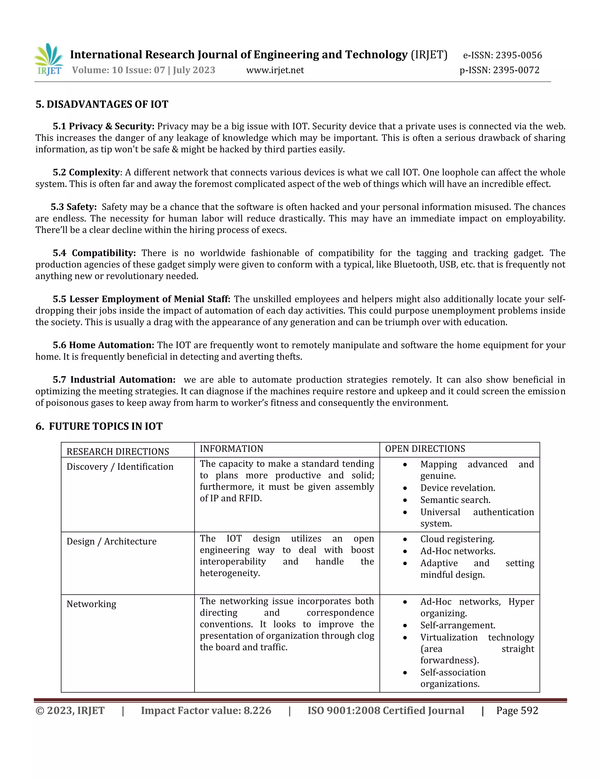 International Research Journal of Engineering and Technology (IRJET) e-ISSN: 2395-0056
Volume: 10 Issue: 07 | July 2023 www.irjet.net p-ISSN: 2395-0072
© 2023, IRJET | Impact Factor value: 8.226 | ISO 9001:2008 Certified Journal | Page 592
5. DISADVANTAGES OF IOT
5.1 Privacy & Security: Privacy may be a big issue with IOT. Security device that a private uses is connected via the web.
This increases the danger of any leakage of knowledge which may be important. This is often a serious drawback of sharing
information, as tip won't be safe & might be hacked by third parties easily.
5.2 Complexity: A different network that connects various devices is what we call IOT. One loophole can affect the whole
system. This is often far and away the foremost complicated aspect of the web of things which will have an incredible effect.
5.3 Safety: Safety may be a chance that the software is often hacked and your personal information misused. The chances
are endless. The necessity for human labor will reduce drastically. This may have an immediate impact on employability.
There’ll be a clear decline within the hiring process of execs.
5.4 Compatibility: There is no worldwide fashionable of compatibility for the tagging and tracking gadget. The
production agencies of these gadget simply were given to conform with a typical, like Bluetooth, USB, etc. that is frequently not
anything new or revolutionary needed.
5.5 Lesser Employment of Menial Staff: The unskilled employees and helpers might also additionally locate your self-
dropping their jobs inside the impact of automation of each day activities. This could purpose unemployment problems inside
the society. This is usually a drag with the appearance of any generation and can be triumph over with education.
5.6 Home Automation: The IOT are frequently wont to remotely manipulate and software the home equipment for your
home. It is frequently beneficial in detecting and averting thefts.
5.7 Industrial Automation: we are able to automate production strategies remotely. It can also show beneficial in
optimizing the meeting strategies. It can diagnose if the machines require restore and upkeep and it could screen the emission
of poisonous gases to keep away from harm to worker’s fitness and consequently the environment.
6. FUTURE TOPICS IN IOT
RESEARCH DIRECTIONS INFORMATION OPEN DIRECTIONS
Discovery / Identification The capacity to make a standard tending
to plans more productive and solid;
furthermore, it must be given assembly
of IP and RFID.
 Mapping advanced and
genuine.
 Device revelation.
 Semantic search.
 Universal authentication
system.
Design / Architecture The IOT design utilizes an open
engineering way to deal with boost
interoperability and handle the
heterogeneity.
 Cloud registering.
 Ad-Hoc networks.
 Adaptive and setting
mindful design.
Networking The networking issue incorporates both
directing and correspondence
conventions. It looks to improve the
presentation of organization through clog
the board and traffic.
 Ad-Hoc networks, Hyper
organizing.
 Self-arrangement.
 Virtualization technology
(area straight
forwardness).
 Self-association
organizations.
 