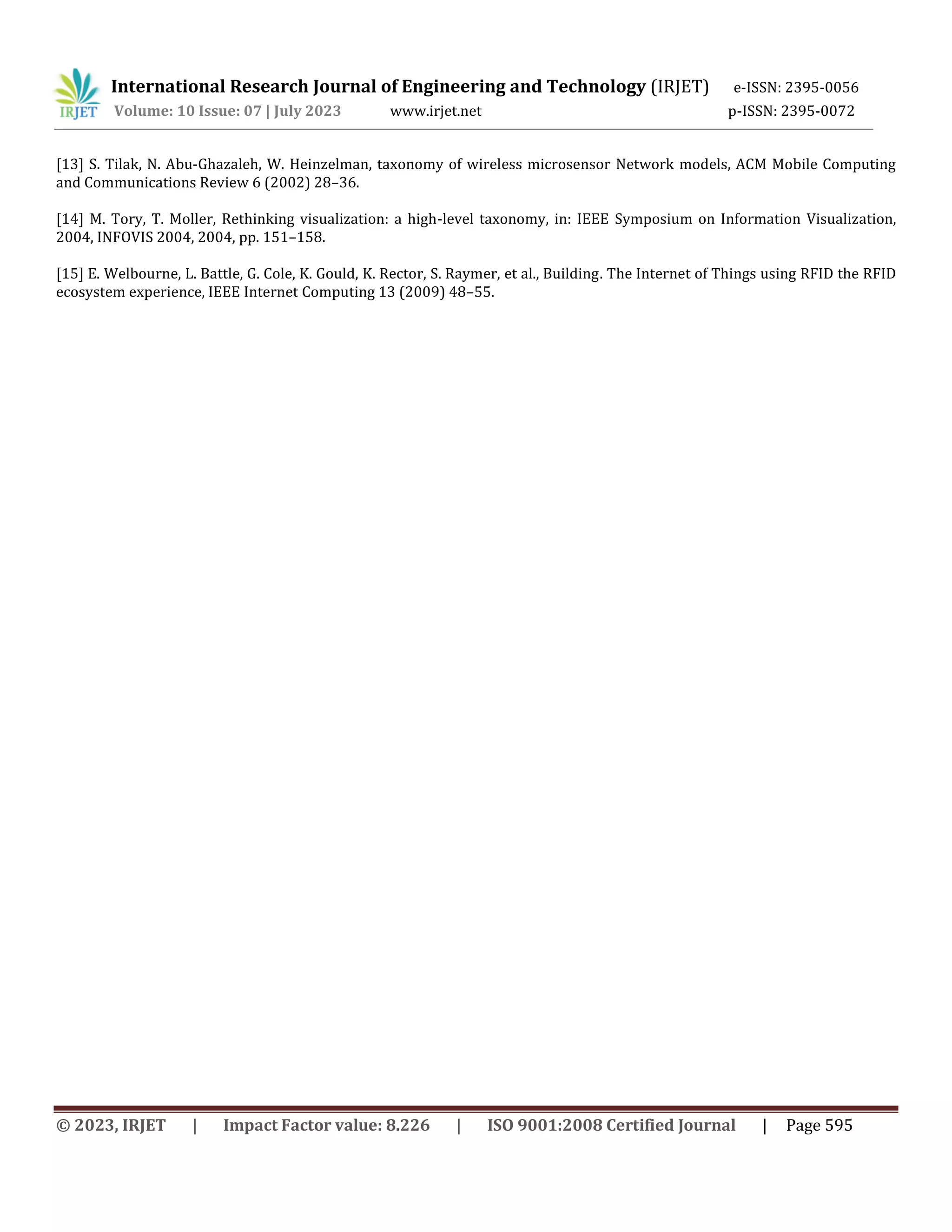 International Research Journal of Engineering and Technology (IRJET) e-ISSN: 2395-0056
Volume: 10 Issue: 07 | July 2023 www.irjet.net p-ISSN: 2395-0072
© 2023, IRJET | Impact Factor value: 8.226 | ISO 9001:2008 Certified Journal | Page 595
[13] S. Tilak, N. Abu-Ghazaleh, W. Heinzelman, taxonomy of wireless microsensor Network models, ACM Mobile Computing
and Communications Review 6 (2002) 28–36.
[14] M. Tory, T. Moller, Rethinking visualization: a high-level taxonomy, in: IEEE Symposium on Information Visualization,
2004, INFOVIS 2004, 2004, pp. 151–158.
[15] E. Welbourne, L. Battle, G. Cole, K. Gould, K. Rector, S. Raymer, et al., Building. The Internet of Things using RFID the RFID
ecosystem experience, IEEE Internet Computing 13 (2009) 48–55.
 