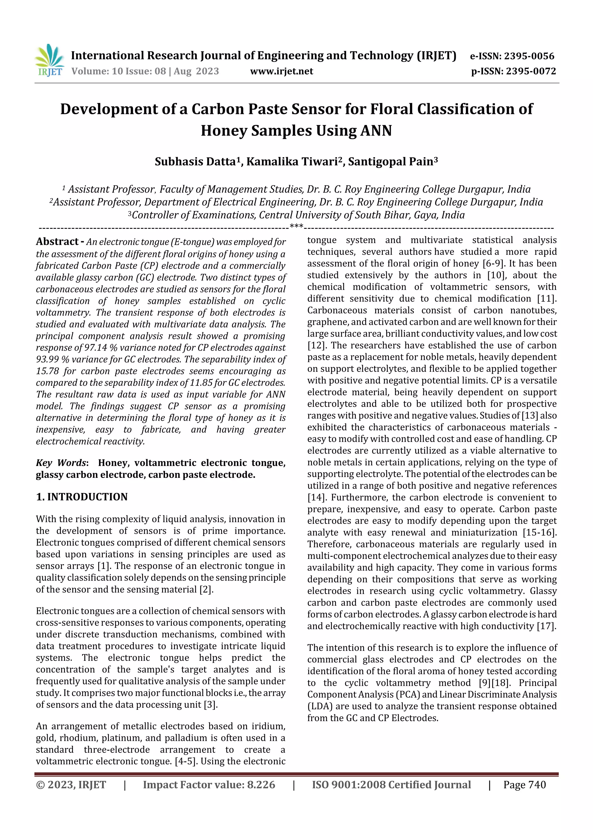 Development of a Carbon Paste Sensor for Floral Classification of Honey ...