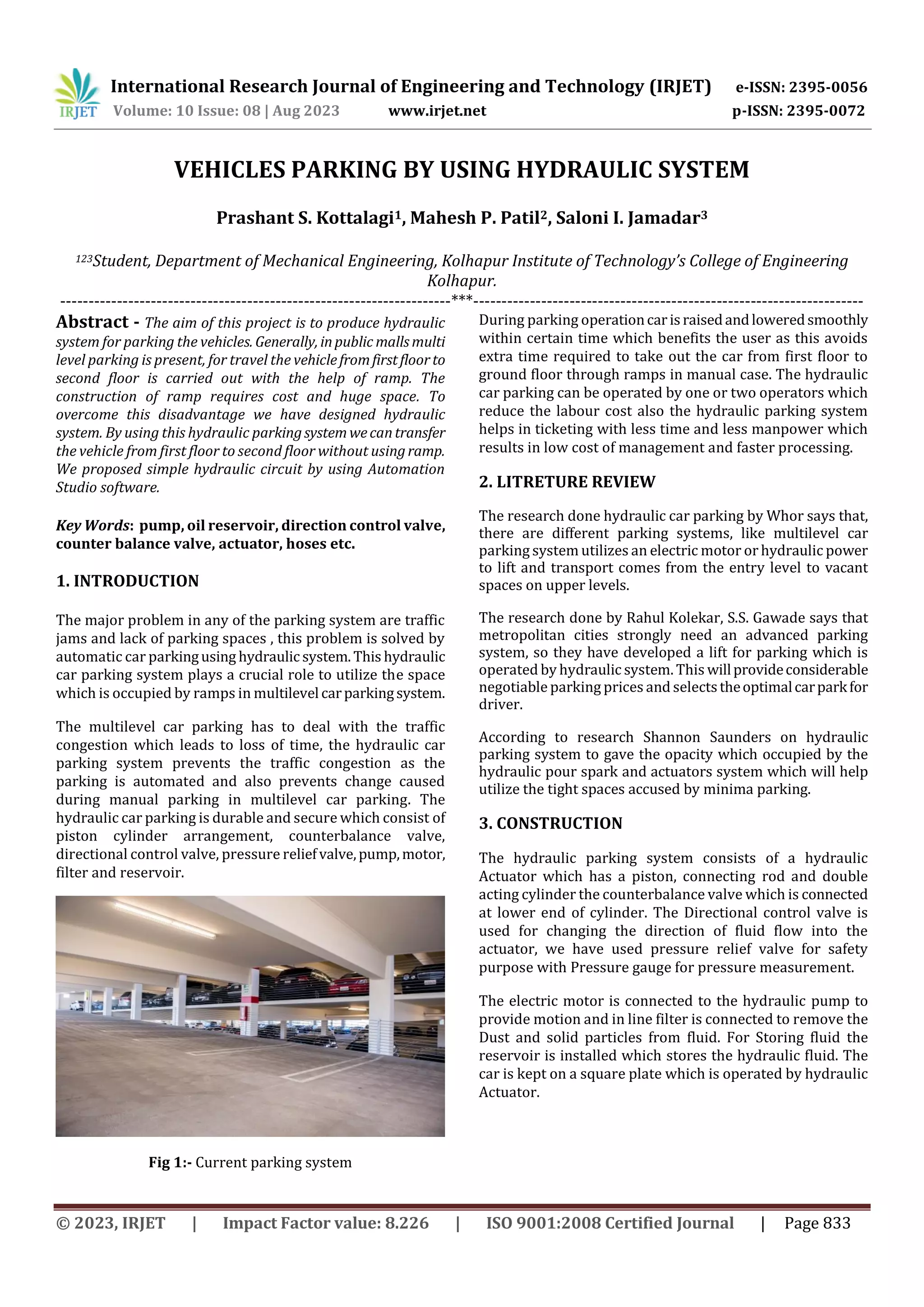 VEHICLES PARKING BY USING HYDRAULIC SYSTEM | PDF