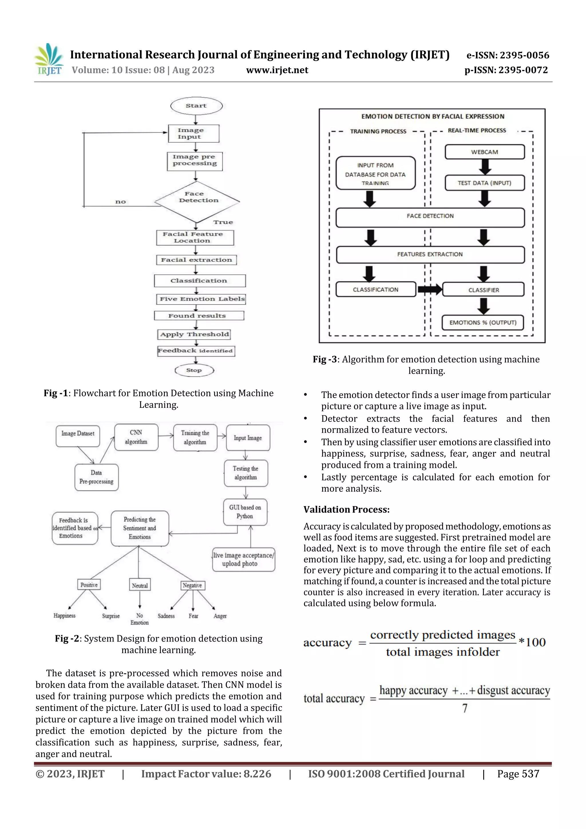 International Research Journal of Engineering and Technology (IRJET) e-ISSN: 2395-0056
p-ISSN: 2395-0072
Volume: 10 Issue: 08 | Aug 2023 www.irjet.net
Fig -1: Flowchart for Emotion Detection using Machine
Learning.
Fig -2: System Design for emotion detection using
machine learning.
The dataset is pre-processed which removes noise and
broken data from the available dataset. Then CNN model is
used for training purpose which predicts the emotion and
sentiment of the picture. Later GUI is used to load a specific
picture or capture a live image on trained model which will
predict the emotion depicted by the picture from the
classification such as happiness, surprise, sadness, fear,
anger and neutral.
Fig -3: Algorithm for emotion detection using machine
learning.
• The emotion detector finds a user image from particular
picture or capture a live image as input.
• Detector extracts the facial features and then
normalized to feature vectors.
• Then by using classifier user emotions are classified into
happiness, surprise, sadness, fear, anger and neutral
produced from a training model.
• Lastly percentage is calculated for each emotion for
more analysis.
Validation Process:
Accuracy iscalculatedby proposedmethodology,emotionsas
well as food items are suggested. First pretrained model are
loaded, Next is to move through the entire file set of each
emotion like happy, sad, etc. using a for loop and predicting
for every picture and comparing it to the actual emotions. If
matching if found,a counter is increased andthetotal picture
counter is also increased in every iteration. Later accuracy is
calculated using below formula.
© 2023, IRJET | Impact Factor value: 8.226 | ISO 9001:2008 Certified Journal | Page 537
 