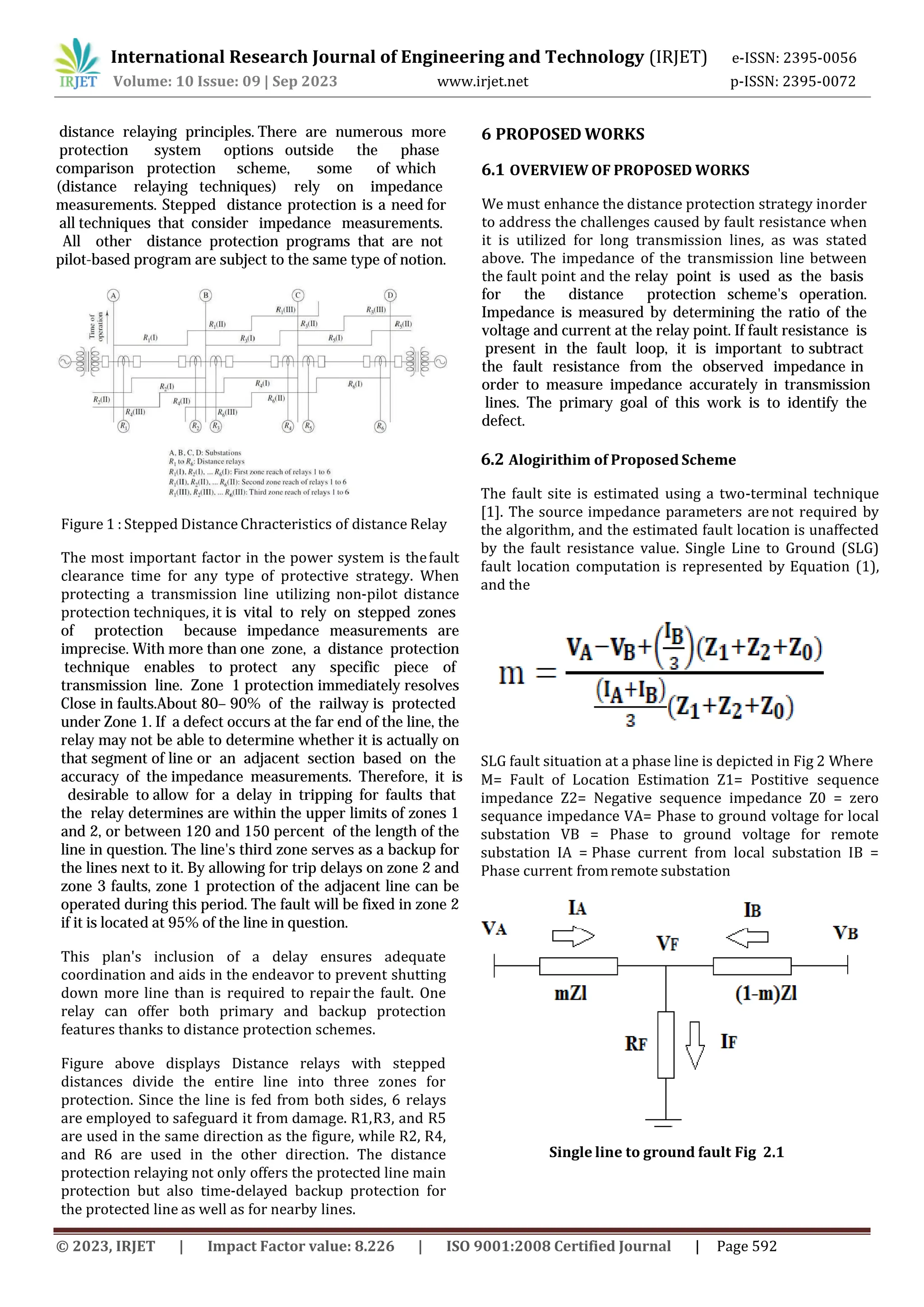 © 2023, IRJET | Impact Factor value: 8.226 | ISO 9001:2008 Certified Journal | Page 592
Figure 1 : Stepped Distance Chracteristics of distance Relay
The most important factor in the power system is thefault
International Research Journal of Engineering and Technology (IRJET) e-ISSN: 2395-0056
Volume: 10 Issue: 09 | Sep 2023 www.irjet.net p-ISSN: 2395-0072
clearance time for any type of protective strategy. When
protecting a transmission line utilizing non-pilot distance
protection techniques, it is vital to rely on stepped zones
of protection because impedance measurements are
imprecise. With more than one zone, a distance protection
technique enables to protect any specific piece of
transmission line. Zone 1 protection immediately resolves
Close in faults.About 80– 90% of the railway is protected
under Zone 1. If a defect occurs at the far end of the line, the
relay may not be able to determine whether it is actually on
that segment of line or an adjacent section based on the
accuracy of the impedance measurements. Therefore, it is
desirable to allow for a delay in tripping for faults that
the relay determines are within the upper limits of zones 1
and 2, or between 120 and 150 percent of the length of the
line in question. The line's third zone serves as a backup for
the lines next to it. By allowing for trip delays on zone 2 and
zone 3 faults, zone 1 protection of the adjacent line can be
operated during this period. The fault will be fixed in zone 2
if it is located at 95% of the line in question.
This plan's inclusion of a delay ensures adequate
coordination and aids in the endeavor to prevent shutting
down more line than is required to repair the fault. One
relay can offer both primary and backup protection
features thanks to distance protection schemes.
Figure above displays Distance relays with stepped
distances divide the entire line into three zones for
protection. Since the line is fed from both sides, 6 relays
are employed to safeguard it from damage. R1,R3, and R5
are used in the same direction as the figure, while R2, R4,
and R6 are used in the other direction. The distance
protection relaying not only offers the protected line main
protection but also time-delayed backup protection for
the protected line as well as for nearby lines.
distance relaying principles. There are numerous more
protection system options outside the phase
comparison protection scheme, some of which
(distance relaying techniques) rely on impedance
measurements. Stepped distance protection is a need for
all techniques that consider impedance measurements.
All other distance protection programs that are not
pilot-based program are subject to the same type of notion.
6 PROPOSED WORKS
6.1 OVERVIEW OF PROPOSED WORKS
We must enhance the distance protection strategy in
6.2 Alogirithim of Proposed Scheme
The fault site is estimated using a two-terminal technique
[1]. The source impedance parameters are not required by
the algorithm, and the estimated fault location is unaffected
by the fault resistance value. Single Line to Ground (SLG)
fault location computation is represented by Equation (1),
and the
SLG fault situation at a phase line is depicted in Fig 2 Where
M= Fault of Location Estimation Z1= Postitive sequence
impedance Z2= Negative sequence impedance Z0 = zero
sequance impedance VA= Phase to ground voltage for local
substation VB = Phase to ground voltage for remote
substation IA = Phase current from local substation IB =
Phase current fromremote substation
Single line to ground fault Fig 2.1
order
to address the challenges caused by fault resistance when
it is utilized for long transmission lines, as was stated
above. The impedance of the transmission line between
the fault point and the relay point is used as the basis
for the distance protection scheme's operation.
Impedance is measured by determining the ratio of the
voltage and current at the relay point. If fault resistance is
present in the fault loop, it is important to subtract
the fault resistance from the observed impedance in
order to measure impedance accurately in transmission
lines. The primary goal of this work is to identify the
defect.
 