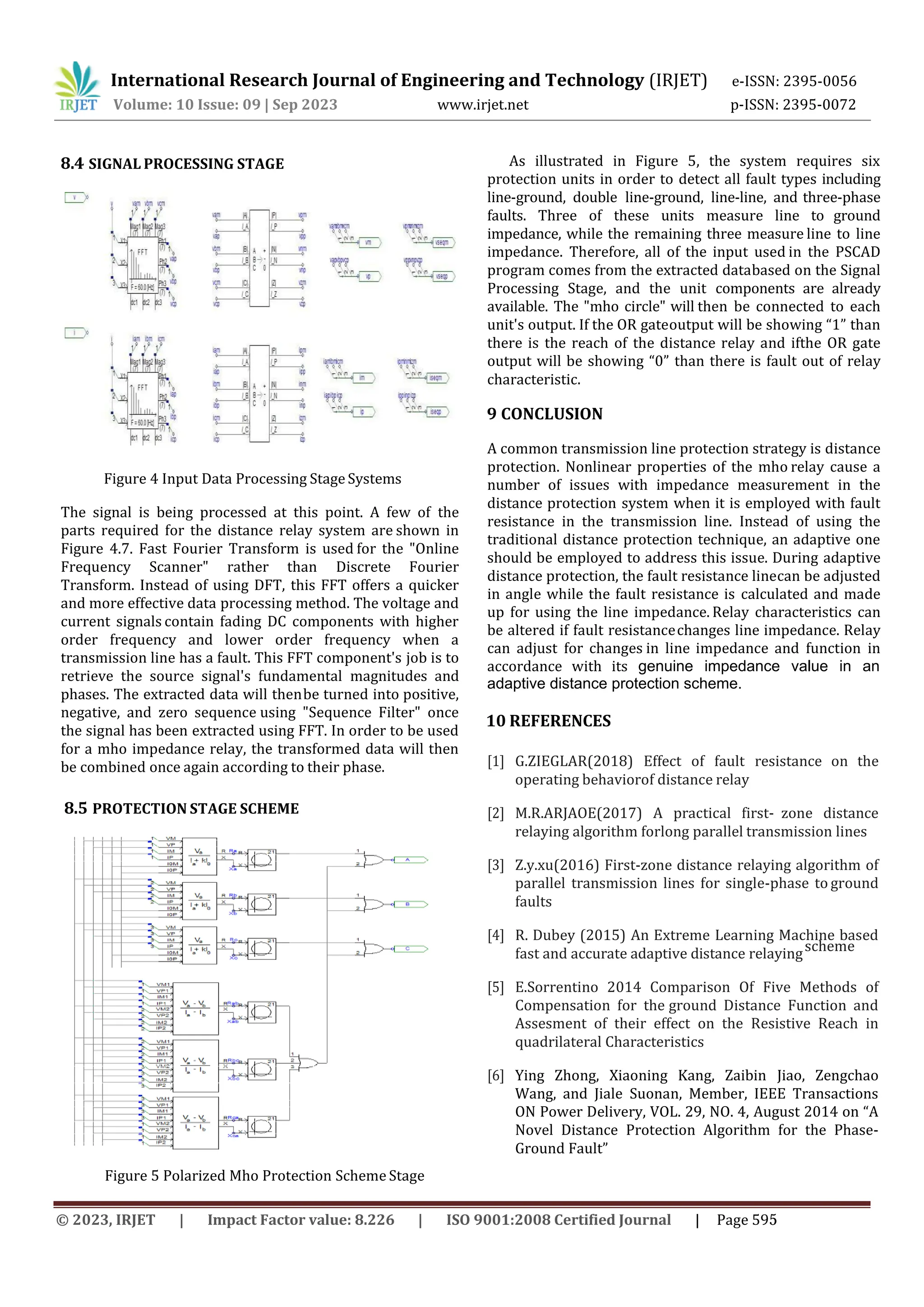 8.4 SIGNAL PROCESSING STAGE
Figure 4 Input Data Processing Stage Systems
The signal is being processed at this point. A few of the
parts required for the distance relay system are shown in
Figure 4.7. Fast Fourier Transform is used for the "Online
Frequency Scanner" rather than Discrete Fourier
Transform. Instead of using DFT, this FFT offers a quicker
and more effective data processing method. The voltage and
current signals contain fading DC components with higher
order frequency and lower order frequency when a
transmission line has a fault. This FFT component's job is to
retrieve the source signal's fundamental magnitudes and
phases. The extracted data will thenbe turned into positive,
negative, and zero sequence using "Sequence Filter" once
the signal has been extracted using FFT. In order to be used
for a mho impedance relay, the transformed data will then
be combined once again according to their phase.
International Research Journal of Engineering and Technology (IRJET) e-ISSN: 2395-0056
Volume: 10 Issue: 09 | Sep 2023 www.irjet.net p-ISSN: 2395-0072
8.5 PROTECTION STAGE SCHEME
Figure 5 Polarized Mho Protection Scheme Stage
As illustrated in Figure 5, the system requires six
protection units in order to detect all fault types including
line-ground, double line-ground, line-line, and three-phase
faults. Three of these units measure line to ground
impedance, while the remaining three measure line to line
impedance. Therefore, all of the input used in the PSCAD
program comes from the extracted databased on the Signal
Processing Stage, and the unit components are already
available. The "mho circle" will then be connected to each
unit's output. If the OR gateoutput will be showing “1” than
there is the reach of the distance relay and ifthe OR gate
output will be showing “0” than there is fault out of relay
characteristic.
9 CONCLUSION
A common transmission line protection strategy is distance
protection. Nonlinear properties of the mho relay cause a
number of issues with impedance measurement in the
distance protection system when it is employed with fault
resistance in the transmission line. Instead of using the
traditional distance protection technique, an adaptive one
should be employed to address this issue. During adaptive
distance protection, the fault resistance linecan be adjusted
in angle while the fault resistance is calculated and made
up for using the line impedance. Relay characteristics can
be altered if fault resistancechanges line impedance. Relay
can adjust for changes in line impedance and function in
accordance with its genuine impedance value in an
adaptive distance protection scheme.
10 REFERENCES
[1] G.ZIEGLAR(2018) Effect of fault resistance on the
operating behaviorof distance relay
[2] M.R.ARJAOE(2017) A practical first- zone distance
relaying algorithm forlong parallel transmission lines
[3] Z.y.xu(2016) First-zone distance relaying algorithm of
parallel transmission lines for single-phase to ground
faults
[4] R. Dubey (2015) An Extreme Learning Machine based
fast and accurate adaptive distance relayingscheme
[5] E.Sorrentino 2014 Comparison Of Five Methods of
Compensation for the ground Distance Function and
Assesment of their effect on the Resistive Reach in
quadrilateral Characteristics
[6] Ying Zhong, Xiaoning Kang, Zaibin Jiao, Zengchao
Wang, and Jiale Suonan, Member, IEEE Transactions
ON Power Delivery, VOL. 29, NO. 4, August 2014 on “A
Novel Distance Protection Algorithm for the Phase-
Ground Fault”
© 2023, IRJET | Impact Factor value: 8.226 | ISO 9001:2008 Certified Journal | Page 595
 