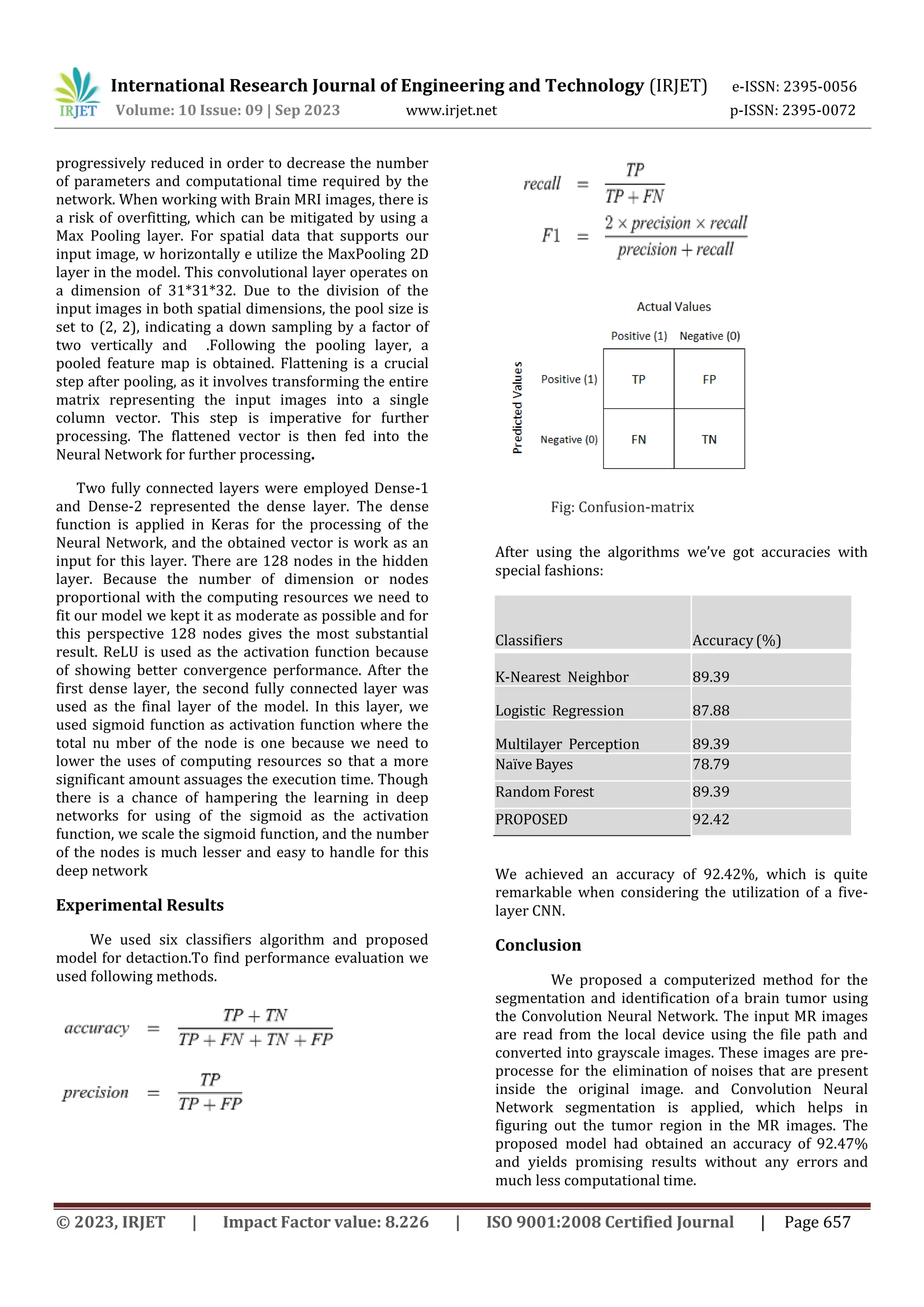 © 2023, IRJET | Impact Factor value: 8.226 | ISO 9001:2008 Certified Journal | Page 657
progressively reduced in order to decrease the number
of parameters and computational time required by the
network. When working with Brain MRI images, there is
a risk of overfitting, which can be mitigated by using a
Max Pooling layer. For spatial data that supports our
input image, w horizontally e utilize the MaxPooling 2D
layer in the model. This convolutional layer operates on
a dimension of 31*31*32. Due to the division of the
input images in both spatial dimensions, the pool size is
set to (2, 2), indicating a down sampling by a factor of
two vertically and .Following the pooling layer, a
pooled feature map is obtained. Flattening is a crucial
step after pooling, as it involves transforming the entire
matrix representing the input images into a single
column vector. This step is imperative for further
processing. The flattened vector is then fed into the
Neural Network for further processing.
Two fully connected layers were employed Dense-1
and Dense-2 represented the dense layer. The dense
function is applied in Keras for the processing of the
Neural Network, and the obtained vector is work as an
input for this layer. There are 128 nodes in the hidden
layer. Because the number of dimension or nodes
proportional with the computing resources we need to
fit our model we kept it as moderate as possible and for
this perspective 128 nodes gives the most substantial
result. ReLU is used as the activation function because
of showing better convergence performance. After the
first dense layer, the second fully connected layer was
used as the final layer of the model. In this layer, we
used sigmoid function as activation function where the
total nu mber of the node is one because we need to
lower the uses of computing resources so that a more
significant amount assuages the execution time. Though
there is a chance of hampering the learning in deep
networks for using of the sigmoid as the activation
function, we scale the sigmoid function, and the number
of the nodes is much lesser and easy to handle for this
deep network
Experimental Results
We used six classifiers algorithm and proposed
model for detaction.To find performance evaluation we
used following methods.
After using the algorithms we’ve got accuracies with
special fashions:
Classifiers Accuracy (%)
K-Nearest Neighbor 89.39
Logistic Regression 87.88
Multilayer Perception 89.39
Naïve Bayes 78.79
Random Forest 89.39
PROPOSED 92.42
We achieved an accuracy of 92.42%, which is quite
remarkable when considering the utilization of a five-
layer CNN.
Conclusion
We proposed a computerized method for the
segmentation and identification of a brain tumor using
the Convolution Neural Network. The input MR images
are read from the local device using the file path and
converted into grayscale images. These images are pre-
processe for the elimination of noises that are present
inside the original image. and Convolution Neural
Network segmentation is applied, which helps in
figuring out the tumor region in the MR images. The
proposed model had obtained an accuracy of 92.47%
and yields promising results without any errors and
much less computational time.
Fig: Confusion-matrix
International Research Journal of Engineering and Technology (IRJET) e-ISSN: 2395-0056
Volume: 10 Issue: 09 | Sep 2023 www.irjet.net p-ISSN: 2395-0072
 