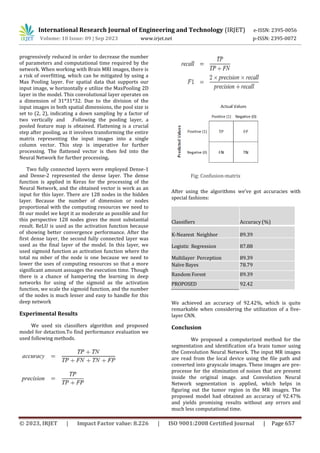 © 2023, IRJET | Impact Factor value: 8.226 | ISO 9001:2008 Certified Journal | Page 657
progressively reduced in order to decrease the number
of parameters and computational time required by the
network. When working with Brain MRI images, there is
a risk of overfitting, which can be mitigated by using a
Max Pooling layer. For spatial data that supports our
input image, w horizontally e utilize the MaxPooling 2D
layer in the model. This convolutional layer operates on
a dimension of 31*31*32. Due to the division of the
input images in both spatial dimensions, the pool size is
set to (2, 2), indicating a down sampling by a factor of
two vertically and .Following the pooling layer, a
pooled feature map is obtained. Flattening is a crucial
step after pooling, as it involves transforming the entire
matrix representing the input images into a single
column vector. This step is imperative for further
processing. The flattened vector is then fed into the
Neural Network for further processing.
Two fully connected layers were employed Dense-1
and Dense-2 represented the dense layer. The dense
function is applied in Keras for the processing of the
Neural Network, and the obtained vector is work as an
input for this layer. There are 128 nodes in the hidden
layer. Because the number of dimension or nodes
proportional with the computing resources we need to
fit our model we kept it as moderate as possible and for
this perspective 128 nodes gives the most substantial
result. ReLU is used as the activation function because
of showing better convergence performance. After the
first dense layer, the second fully connected layer was
used as the final layer of the model. In this layer, we
used sigmoid function as activation function where the
total nu mber of the node is one because we need to
lower the uses of computing resources so that a more
significant amount assuages the execution time. Though
there is a chance of hampering the learning in deep
networks for using of the sigmoid as the activation
function, we scale the sigmoid function, and the number
of the nodes is much lesser and easy to handle for this
deep network
Experimental Results
We used six classifiers algorithm and proposed
model for detaction.To find performance evaluation we
used following methods.
After using the algorithms we’ve got accuracies with
special fashions:
Classifiers Accuracy (%)
K-Nearest Neighbor 89.39
Logistic Regression 87.88
Multilayer Perception 89.39
Naïve Bayes 78.79
Random Forest 89.39
PROPOSED 92.42
We achieved an accuracy of 92.42%, which is quite
remarkable when considering the utilization of a five-
layer CNN.
Conclusion
We proposed a computerized method for the
segmentation and identification of a brain tumor using
the Convolution Neural Network. The input MR images
are read from the local device using the file path and
converted into grayscale images. These images are pre-
processe for the elimination of noises that are present
inside the original image. and Convolution Neural
Network segmentation is applied, which helps in
figuring out the tumor region in the MR images. The
proposed model had obtained an accuracy of 92.47%
and yields promising results without any errors and
much less computational time.
Fig: Confusion-matrix
International Research Journal of Engineering and Technology (IRJET) e-ISSN: 2395-0056
Volume: 10 Issue: 09 | Sep 2023 www.irjet.net p-ISSN: 2395-0072
 