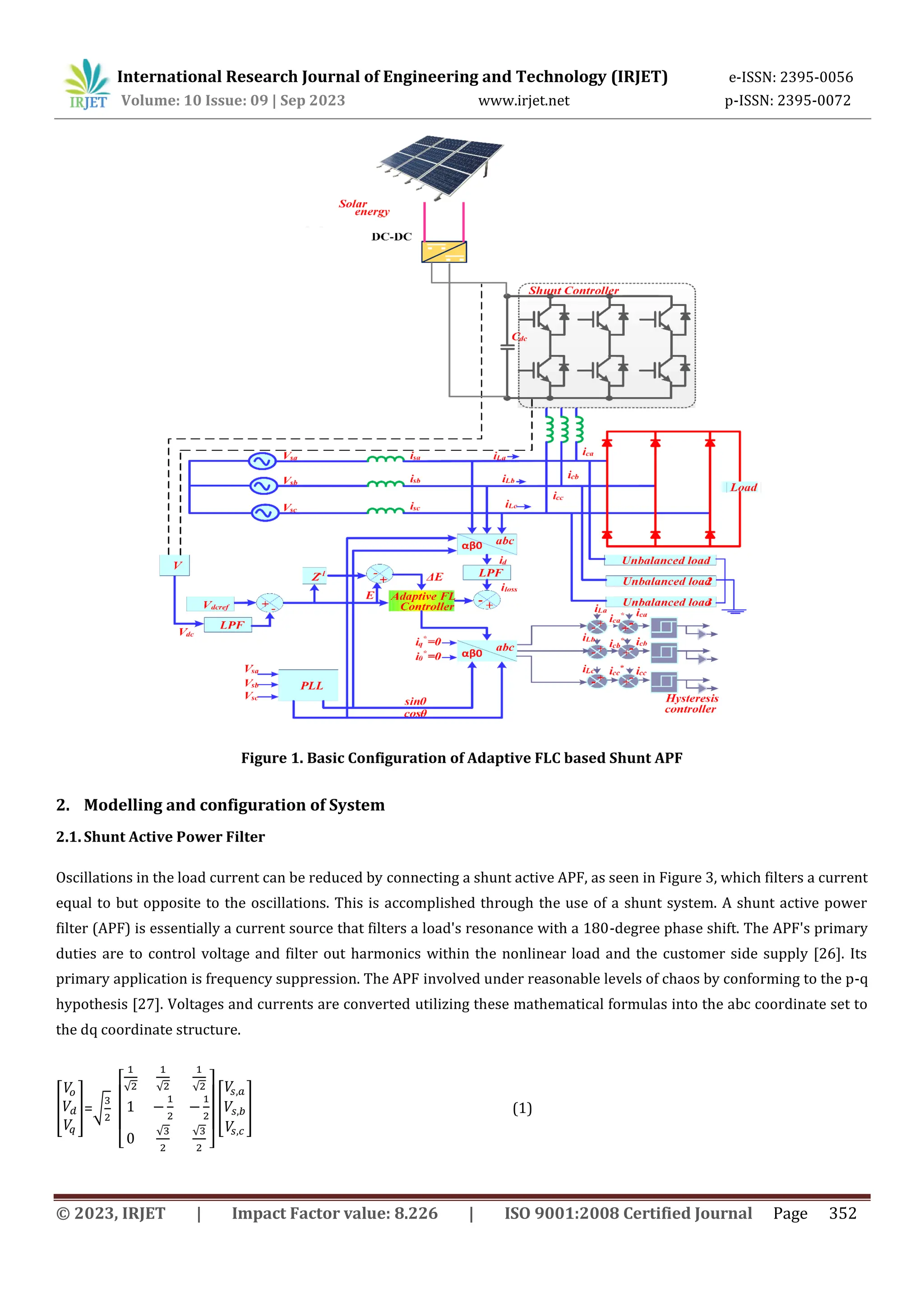 International Research Journal of Engineering and Technology (IRJET) e-ISSN: 2395-0056
Volume: 10 Issue: 09 | Sep 2023 www.irjet.net p-ISSN: 2395-0072
© 2023, IRJET | Impact Factor value: 8.226 | ISO 9001:2008 Certified Journal Page 352
Figure 1. Basic Configuration of Adaptive FLC based Shunt APF
2. Modelling and configuration of System
2.1. Shunt Active Power Filter
Oscillations in the load current can be reduced by connecting a shunt active APF, as seen in Figure 3, which filters a current
equal to but opposite to the oscillations. This is accomplished through the use of a shunt system. A shunt active power
filter (APF) is essentially a current source that filters a load's resonance with a 180-degree phase shift. The APF's primary
duties are to control voltage and filter out harmonics within the nonlinear load and the customer side supply [26]. Its
primary application is frequency suppression. The APF involved under reasonable levels of chaos by conforming to the p-q
hypothesis [27]. Voltages and currents are converted utilizing these mathematical formulas into the abc coordinate set to
the dq coordinate structure.
[ ]=√
[
√ √ √
√ √
]
[ ] (1)
 