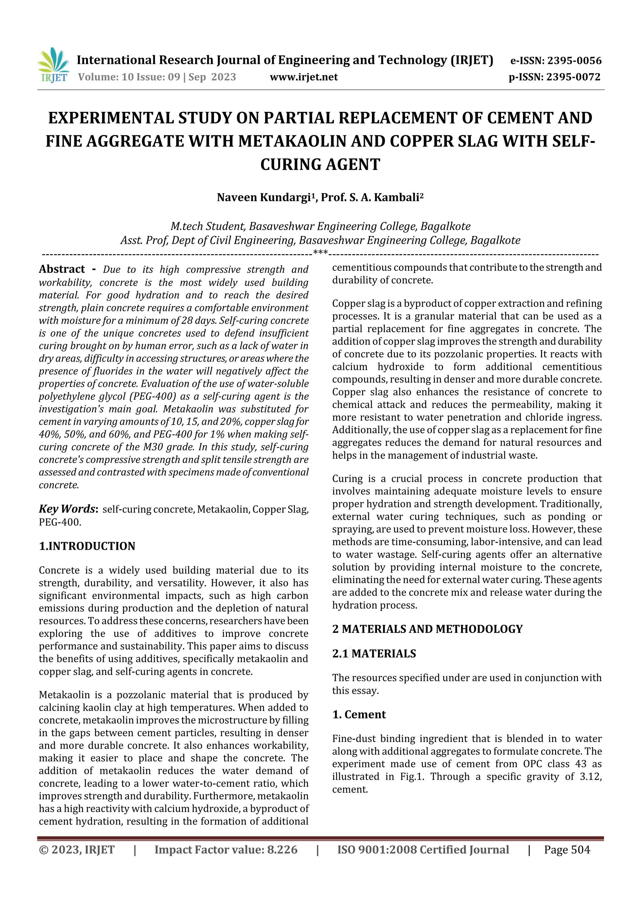 EXPERIMENTAL STUDY ON PARTIAL REPLACEMENT OF CEMENT AND FINE AGGREGATE ...