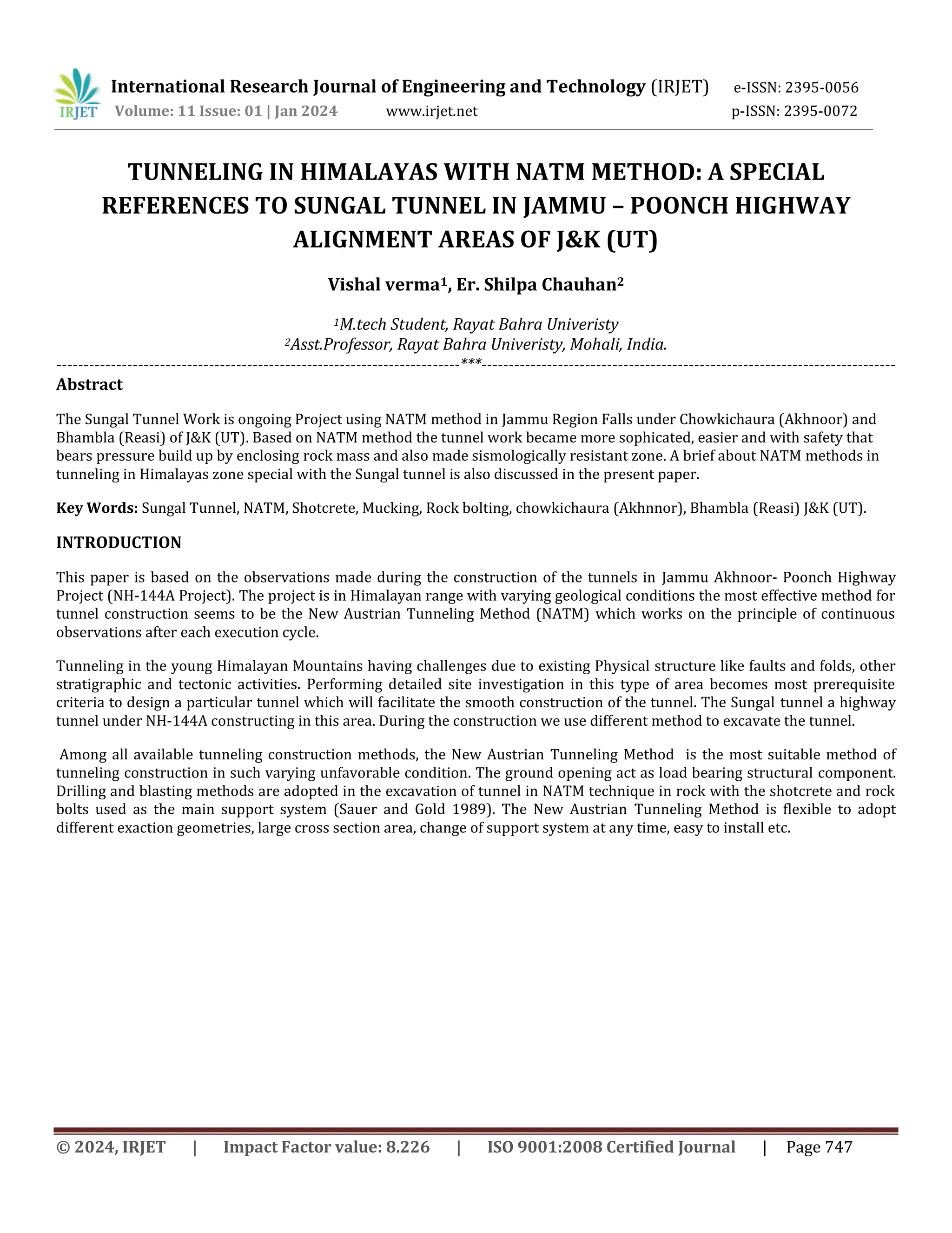 TUNNELING IN HIMALAYAS WITH NATM METHOD A SPECIAL REFERENCES TO SUNGAL