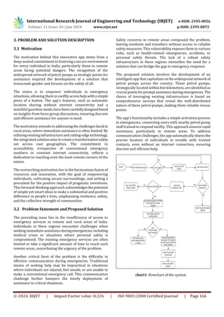 International Research Journal of Engineering and Technology (IRJET) e-ISSN: 2395-0056
Volume: 11 Issue: 01 | Jan 2024 www.irjet.net p-ISSN: 2395-0072
© 2024, IRJET | Impact Factor value: 8.226 | ISO 9001:2008 Certified Journal | Page 166
3. PROBLEM AND SOLUTION DESCRIPTION
3.1 Motivation
The motivation behind this innovative app stems from a
deep-seated commitment to fostering a secure environment
for every individual in India, particularly those in remote
areas facing potential dangers. The recognition of the
widespread network of petrol pumps as strategic points for
assistance inspired the development of a solution that
transcends gender and focuses on the safety of all.
The vision is to empower individuals in emergency
situations, allowing them to swiftlyaccesshelpwitha simple
press of a button. The app's features, such as automatic
location sharing without internet connectivity and a
watchful guardian mode,havebeencarefullydesignedbased
on insights from focus group discussions, ensuring discreet
and efficient assistance for anyone in need.
The motivation extends to addressingthechallengesfaced in
rural areas, where immediate assistance is often limited. By
utilizing existing infrastructureandcutting-edgetechnology,
the integrated solutionaims tocreatea transformativesafety
net across vast geographies. The commitment to
accessibility, irrespective of conventional emergency
numbers or constant internet connectivity, reflects a
dedication to reaching even the most remote corners of the
nation.
The overarching motivation lies in the harmonious fusion of
resources and innovation, with the goal of empowering
individuals, cultivating secure surroundings, and setting a
precedent for the positive impact of pragmatic inventions.
This forward-thinking approach acknowledgesthepotential
of simple yet smart ideas to make a substantial and positive
difference in people's lives, emphasizing resilience, safety,
and the collective strength of communities.
3.2 Problem Statement and Proposed Solution
The prevailing issue lies in the insufficiency of access to
emergency services in remote and rural areas of India.
Individuals in these regions encounter challenges when
seeking immediate assistanceduringemergencies,including
medical crises or situations where personal safety is
compromised. The existing emergency services are often
limited or take a significant amount of time to reach such
remote areas, exacerbating the urgency of the problem.
Another critical facet of the problem is the difficulty in
effective communication during emergencies. Traditional
means of seeking help may be impractical in situations
where individuals are injured, feel unsafe, or are unable to
make a conventional emergency call. This communication
challenge further hampers the timely deployment of
assistance in critical situations.
Safety concerns in remote areas compound the problem,
leaving residents and travellers without access to reliable
safety measures. This vulnerability exposes them to various
risks, such as health-related emergencies, accidents, or
personal safety threats. The lack of a robust safety
infrastructure in these regions intensifies the need for a
solution that can bridge the gap in emergency response.
The proposed solution involves the development of an
intelligent app that capitalizesonthewidespreadnetwork of
petrol pumps across the country. These petrol pumps,
strategically located within few kilometres, are identified as
crucial pointsforpromptassistanceduring emergencies. The
choice of leveraging existing infrastructure is based on
comprehensive surveys that reveal the well-distributed
nature of these petrol pumps, making them reliable rescue
points.
The app's functionality includes a simple activation process
in emergencies, connecting users with nearby petrol pump
staff trained to respond swiftly. This approachensuresrapid
assistance, particularly in remote areas. To address
communication challenges, the app automaticallysharesthe
precise location of individuals in trouble with trusted
contacts, even without an internet connection, ensuring
discreet and efficient help.
chart1: flowchart of the system
 