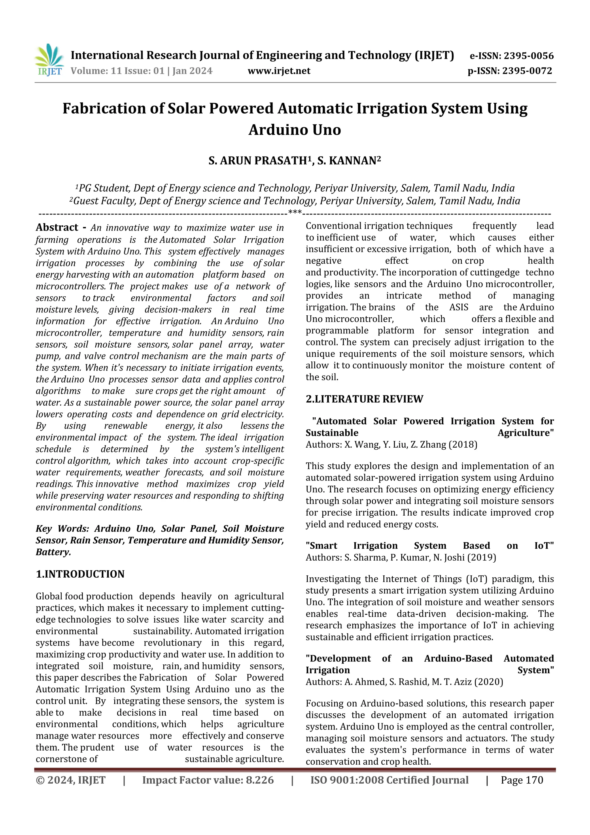 Fabrication of Solar Powered Automatic Irrigation System Using Arduino