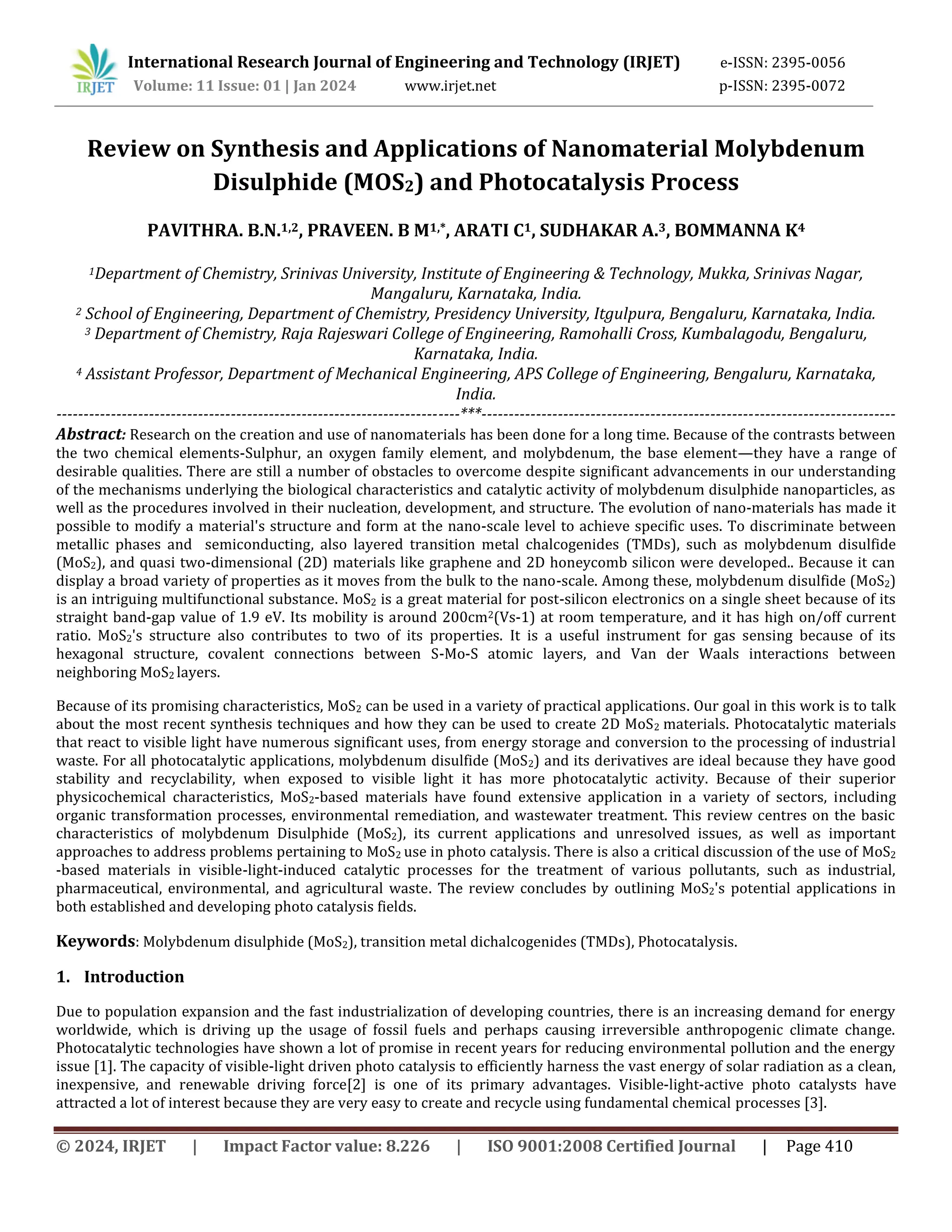 Review on Synthesis and Applications of Nanomaterial Molybdenum ...