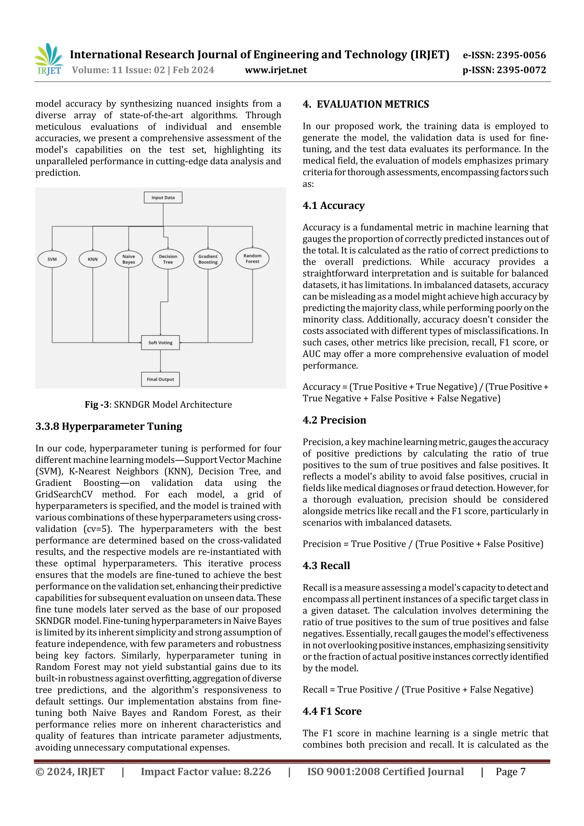 International Research Journal of Engineering and Technology (IRJET) e-ISSN: 2395-0056
Volume: 11 Issue: 02 | Feb 2024 www.irjet.net p-ISSN: 2395-0072
© 2024, IRJET | Impact Factor value: 8.226 | ISO 9001:2008 Certified Journal | Page 7
model accuracy by synthesizing nuanced insights from a
diverse array of state-of-the-art algorithms. Through
meticulous evaluations of individual and ensemble
accuracies, we present a comprehensive assessment of the
model's capabilities on the test set, highlighting its
unparalleled performance in cutting-edge data analysis and
prediction.
Fig -3: SKNDGR Model Architecture
3.3.8 Hyperparameter Tuning
In our code, hyperparameter tuning is performed for four
different machinelearningmodels—SupportVectorMachine
(SVM), K-Nearest Neighbors (KNN), Decision Tree, and
Gradient Boosting—on validation data using the
GridSearchCV method. For each model, a grid of
hyperparameters is specified, and the model is trained with
various combinations of these hyperparameters usingcross-
validation (cv=5). The hyperparameters with the best
performance are determined based on the cross-validated
results, and the respective models are re-instantiated with
these optimal hyperparameters. This iterative process
ensures that the models are fine-tuned to achieve the best
performance on the validation set,enhancingtheirpredictive
capabilities forsubsequent evaluation on unseendata.These
fine tune models later served as the base of our proposed
SKNDGR model.Fine-tuninghyperparametersinNaiveBayes
is limited by its inherent simplicity and strong assumption of
feature independence, with few parameters and robustness
being key factors. Similarly, hyperparameter tuning in
Random Forest may not yield substantial gains due to its
built-in robustness against overfitting,aggregationofdiverse
tree predictions, and the algorithm's responsiveness to
default settings. Our implementation abstains from fine-
tuning both Naive Bayes and Random Forest, as their
performance relies more on inherent characteristics and
quality of features than intricate parameter adjustments,
avoiding unnecessary computational expenses.
4. EVALUATION METRICS
In our proposed work, the training data is employed to
generate the model, the validation data is used for fine-
tuning, and the test data evaluates its performance. In the
medical field, the evaluation of models emphasizes primary
criteriaforthoroughassessments,encompassingfactorssuch
as:
4.1 Accuracy
Accuracy is a fundamental metric in machine learning that
gauges the proportion of correctly predicted instances outof
the total. It is calculated as the ratio of correct predictions to
the overall predictions. While accuracy provides a
straightforward interpretation and is suitable for balanced
datasets, it has limitations. In imbalanced datasets, accuracy
can be misleading asa model might achieve high accuracyby
predicting the majority class,while performingpoorlyonthe
minority class. Additionally, accuracy doesn't consider the
costs associated with different types of misclassifications. In
such cases, other metrics like precision, recall, F1 score, or
AUC may offer a more comprehensive evaluation of model
performance.
Accuracy = (True Positive + True Negative)/(TruePositive+
True Negative + False Positive + False Negative)
4.2 Precision
Precision, akey machinelearningmetric,gaugestheaccuracy
of positive predictions by calculating the ratio of true
positives to the sum of true positives and false positives. It
reflects a model's ability to avoid false positives, crucial in
fields like medical diagnoses or fraud detection.However,for
a thorough evaluation, precision should be considered
alongside metrics like recall and the F1 score, particularly in
scenarios with imbalanced datasets.
Precision = True Positive / (True Positive + False Positive)
4.3 Recall
Recall is a measureassessing a model'scapacitytodetectand
encompass all pertinent instances of a specific target class in
a given dataset. The calculation involves determining the
ratio of true positives to the sum of true positives and false
negatives. Essentially, recall gaugesthemodel'seffectiveness
in not overlookingpositiveinstances,emphasizingsensitivity
or the fraction of actual positiveinstancescorrectlyidentified
by the model.
Recall = True Positive / (True Positive + False Negative)
4.4 F1 Score
The F1 score in machine learning is a single metric that
combines both precision and recall. It is calculated as the
 