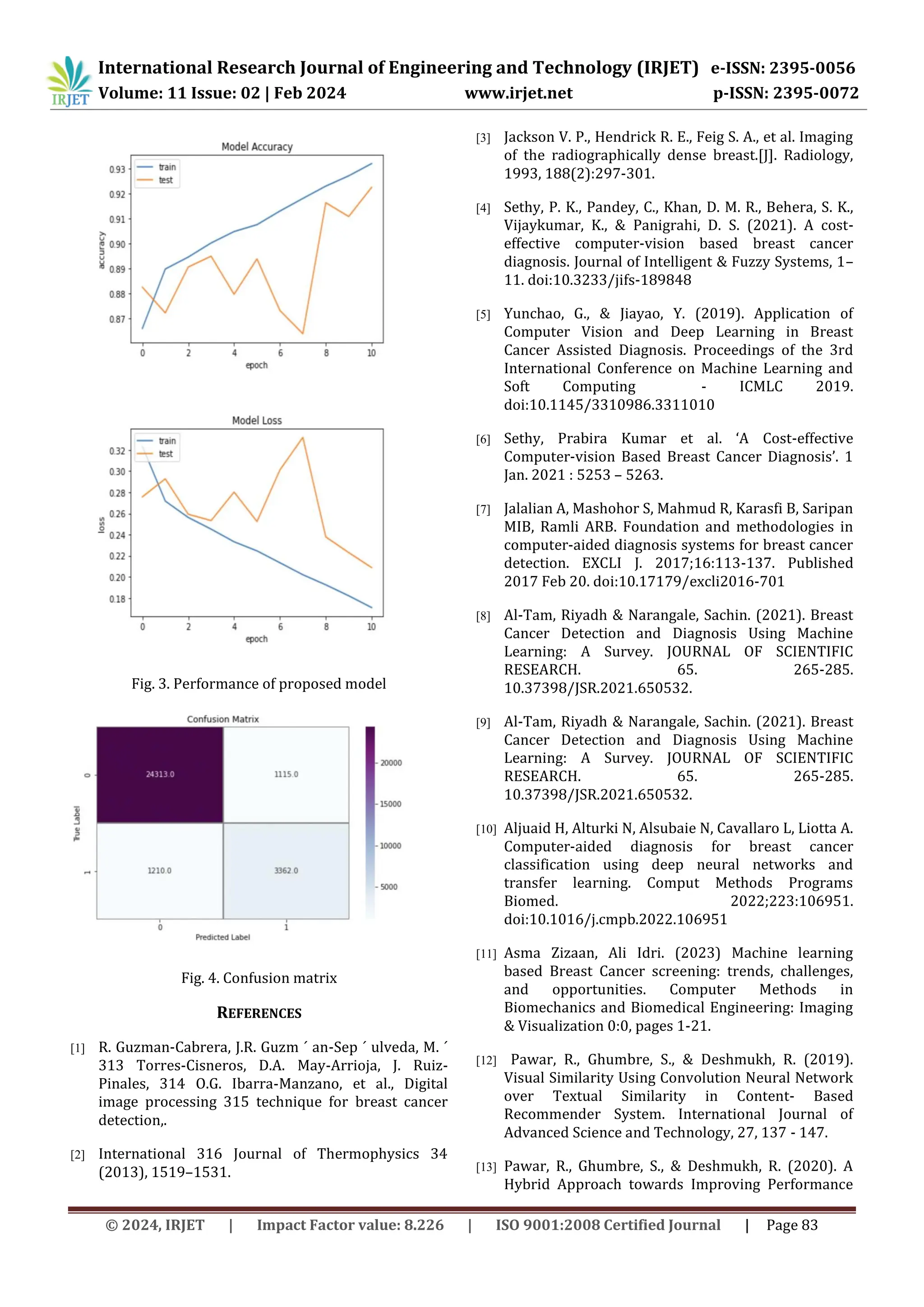 © 2024, IRJET | Impact Factor value: 8.226 | ISO 9001:2008 Certified Journal | Page 83
Fig. 3. Performance of proposed model
Fig. 4. Confusion matrix
REFERENCES
[1] R. Guzman-Cabrera, J.R. Guzm ´ an-Sep ´ ulveda, M. ´
313 Torres-Cisneros, D.A. May-Arrioja, J. Ruiz-
Pinales, 314 O.G. Ibarra-Manzano, et al., Digital
image processing 315 technique for breast cancer
detection,.
[2] International 316 Journal of Thermophysics 34
(2013), 1519–1531.
[3] Jackson V. P., Hendrick R. E., Feig S. A., et al. Imaging
of the radiographically dense breast.[J]. Radiology,
1993, 188(2):297-301.
[4] Sethy, P. K., Pandey, C., Khan, D. M. R., Behera, S. K.,
Vijaykumar, K., & Panigrahi, D. S. (2021). A cost-
effective computer-vision based breast cancer
diagnosis. Journal of Intelligent & Fuzzy Systems, 1–
11. doi:10.3233/jifs-189848
[5] Yunchao, G., & Jiayao, Y. (2019). Application of
Computer Vision and Deep Learning in Breast
Cancer Assisted Diagnosis. Proceedings of the 3rd
International Conference on Machine Learning and
Soft Computing - ICMLC 2019.
doi:10.1145/3310986.3311010
[6] Sethy, Prabira Kumar et al. ‘A Cost-effective
Computer-vision Based Breast Cancer Diagnosis’. 1
Jan. 2021 : 5253 – 5263.
[7] Jalalian A, Mashohor S, Mahmud R, Karasfi B, Saripan
MIB, Ramli ARB. Foundation and methodologies in
computer-aided diagnosis systems for breast cancer
detection. EXCLI J. 2017;16:113-137. Published
2017 Feb 20. doi:10.17179/excli2016-701
[8] Al-Tam, Riyadh & Narangale, Sachin. (2021). Breast
Cancer Detection and Diagnosis Using Machine
Learning: A Survey. JOURNAL OF SCIENTIFIC
RESEARCH. 65. 265-285.
10.37398/JSR.2021.650532.
[9] Al-Tam, Riyadh & Narangale, Sachin. (2021). Breast
Cancer Detection and Diagnosis Using Machine
Learning: A Survey. JOURNAL OF SCIENTIFIC
RESEARCH. 65. 265-285.
10.37398/JSR.2021.650532.
[10] Aljuaid H, Alturki N, Alsubaie N, Cavallaro L, Liotta A.
Computer-aided diagnosis for breast cancer
classification using deep neural networks and
transfer learning. Comput Methods Programs
Biomed. 2022;223:106951.
doi:10.1016/j.cmpb.2022.106951
[11] Asma Zizaan, Ali Idri. (2023) Machine learning
based Breast Cancer screening: trends, challenges,
and opportunities. Computer Methods in
Biomechanics and Biomedical Engineering: Imaging
& Visualization 0:0, pages 1-21.
[12] Pawar, R., Ghumbre, S., & Deshmukh, R. (2019).
Visual Similarity Using Convolution Neural Network
over Textual Similarity in Content- Based
Recommender System. International Journal of
Advanced Science and Technology, 27, 137 - 147.
[13] Pawar, R., Ghumbre, S., & Deshmukh, R. (2020). A
Hybrid Approach towards Improving Performance
International Research Journal of Engineering and Technology (IRJET) e-ISSN: 2395-0056
Volume: 11 Issue: 02 | Feb 2024 www.irjet.net p-ISSN: 2395-0072
 