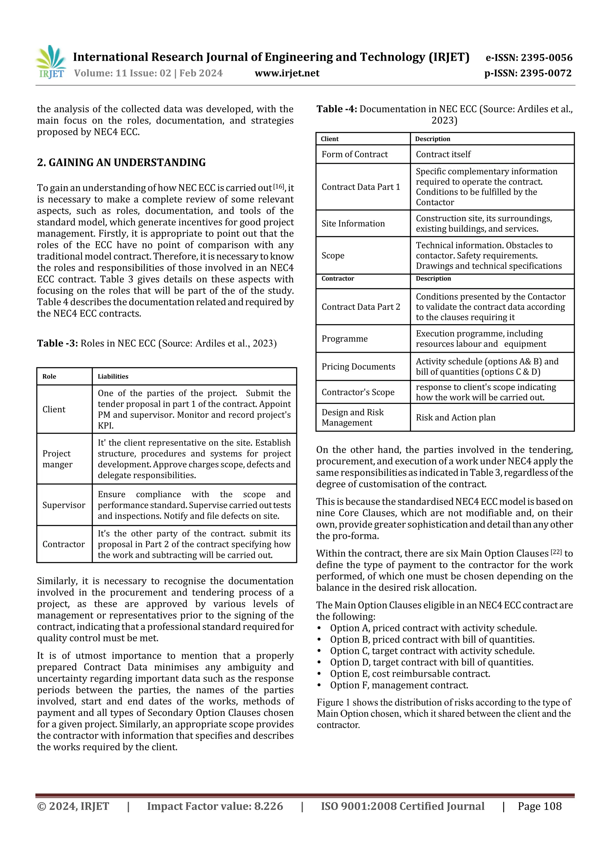 International Research Journal of Engineering and Technology (IRJET) e-ISSN: 2395-0056
Volume: 11 Issue: 02 | Feb 2024 www.irjet.net p-ISSN: 2395-0072
© 2024, IRJET | Impact Factor value: 8.226 | ISO 9001:2008 Certified Journal | Page 108
the analysis of the collected data was developed, with the
main focus on the roles, documentation, and strategies
proposed by NEC4 ECC.
2. GAINING AN UNDERSTANDING
To gain an understanding of how NEC ECC iscarriedout[16],it
is necessary to make a complete review of some relevant
aspects, such as roles, documentation, and tools of the
standard model, which generate incentives for good project
management. Firstly, it is appropriate to point out that the
roles of the ECC have no point of comparison with any
traditional model contract. Therefore, it isnecessarytoknow
the roles and responsibilities of those involved in an NEC4
ECC contract. Table 3 gives details on these aspects with
focusing on the roles that will be part of the of the study.
Table 4 describes the documentationrelatedandrequiredby
the NEC4 ECC contracts.
Table -3: Roles in NEC ECC (Source: Ardiles et al., 2023)
Role Liabilities
Client
One of the parties of the project. Submit the
tender proposal in part 1 of the contract. Appoint
PM and supervisor. Monitor and record project's
KPI.
Project
manger
It' the client representative on the site. Establish
structure, procedures and systems for project
development. Approve charges scope, defects and
delegate responsibilities.
Supervisor
Ensure compliance with the scope and
performance standard. Supervise carried outtests
and inspections. Notify and file defects on site.
Contractor
It’s the other party of the contract. submit its
proposal in Part 2 of the contract specifying how
the work and subtracting will be carried out.
Similarly, it is necessary to recognise the documentation
involved in the procurement and tendering process of a
project, as these are approved by various levels of
management or representatives prior to the signing of the
contract, indicating that a professional standard requiredfor
quality control must be met.
It is of utmost importance to mention that a properly
prepared Contract Data minimises any ambiguity and
uncertainty regarding important data such as the response
periods between the parties, the names of the parties
involved, start and end dates of the works, methods of
payment and all types of Secondary Option Clauses chosen
for a given project. Similarly, an appropriate scope provides
the contractor with information that specifies and describes
the works required by the client.
Client Description
Form of Contract Contract itself
Contract Data Part 1
Specific complementary information
required to operate the contract.
Conditions to be fulfilled by the
Contactor
Site Information
Construction site, its surroundings,
existing buildings, and services.
Scope
Technical information. Obstacles to
contactor. Safety requirements.
Drawings and technical specifications
Contractor Description
Contract Data Part 2
Conditions presented by the Contactor
to validate the contract data according
to the clauses requiring it
Programme
Execution programme, including
resources labour and equipment
Pricing Documents
Activity schedule (options A& B) and
bill of quantities (options C & D)
Contractor's Scope
response to client's scope indicating
how the work will be carried out.
Design and Risk
Management
Risk and Action plan
On the other hand, the parties involved in the tendering,
procurement, and execution of a work under NEC4 apply the
sameresponsibilitiesasindicatedinTable3,regardlessofthe
degree of customisation of the contract.
This is because the standardisedNEC4ECCmodelisbasedon
nine Core Clauses, which are not modifiable and, on their
own, providegreater sophisticationanddetailthananyother
the pro-forma.
Within the contract, there are six Main Option Clauses[22] to
define the type of payment to the contractor for the work
performed, of which one must be chosen depending on the
balance in the desired risk allocation.
The Main Option Clauses eligible in anNEC4ECCcontractare
the following:
• Option A, priced contract with activity schedule.
• Option B, priced contract with bill of quantities.
• Option C, target contract with activity schedule.
• Option D, target contract with bill of quantities.
• Option E, cost reimbursable contract.
• Option F, management contract.
Figure 1 shows the distribution of risks according to the type of
Main Option chosen, which it shared between the client and the
contractor.
Table -4: Documentation in NEC ECC (Source: Ardiles et al.,
2023)
 