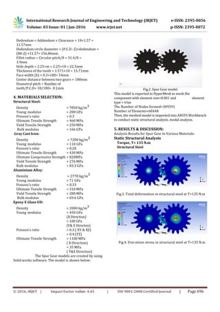International Research Journal of Engineering and Technology (IRJET) e-ISSN: 2395-0056
Volume: 03 Issue: 01 | Jan-2016 www.irjet.net p-ISSN: 2395-0072
© 2016, IRJET | Impact Factor value: 4.45 | ISO 9001:2008 Certified Journal | Page 696
Dedendum = Addendum + Clearance = 10+1.57 =
11.57mm
Dedendum circle diameter = (P.C.D -2)×dedendum =
(80-2) ×11.57= 156.86mm
Fillet radius = Circular pitch/8 = 31.4/8 =
3.9mm
Hole depth = 2.25×m = 2.25×10 = 22.5mm
Thickness of the tooth = 1.571×10 = 15.71mm
Face width (b) = 0.3×180= 54mm
Center distance between two gears = 180mm
Diametral pitch = Number of
teeth/P.C.D= 18/180= 0.1mm
4. MATERIALS SELECTION:
Structural Steel:
Density = 7850 kg/m3
Young modulus = 200 GPa
Poisson’s ratio = 0.3
Ultimate Tensile Strength = 460 MPa
Yield Tensile Strength = 250 MPa
Bulk modulus = 166 GPa
Gray Cast Iron:
Density = 7200 kg/m3
Young modulus = 110 GPa
Poisson’s ratio = 0.28
Ultimate Tensile Strength = 430 MPa
Ultimate Compressive Strength = 820MPa
Yield Tensile Strength = 276 MPa
Bulk modulus = 83.3 GPa
Aluminium Alloy:
Density = 2770 kg/m3
Young modulus = 71 GPa
Poisson’s ratio = 0.33
Ultimate Tensile Strength = 310 MPa
Yield Tensile Strength = 280 MPa
Bulk modulus = 69.6 GPa
Epoxy E Glass UD:
Density = 2000 kg/m3
Young modulus = 450 GPa
(X Direction)
= 100 GPa
(Y& Z Directon)
Poisson’s ratio = 0.3 ( XY & XZ)
= 0.4 (YZ)
Ultimate Tensile Strength = 1100 MPa
( X Direction)
= 35 MPa
( Y&Z Direction)
The Spur Gear models are created by using
Solid works software. The model is shown below:
Fig.2. Spur Gear model
This model is exported to HyperMesh to mesh the
component with element size=0.001 and element
type = trias
The Number of Nodes formed=309591
Number of Elements=68448
Then, the meshed model is imported into ANSYS Workbench
to conduct static structural analysis, modal analysis.
5. RESULTS & DISCUSSION:
Analysis Results for Spur Gear in Various Materials:
Static Structural Analysis
Torque, T= 135 N.m
Structural Steel
Fig.3. Total deformation in structural steel at T=135 N.m
Fig.4. Von-mises stress in structural steel at T=135 N.m
 