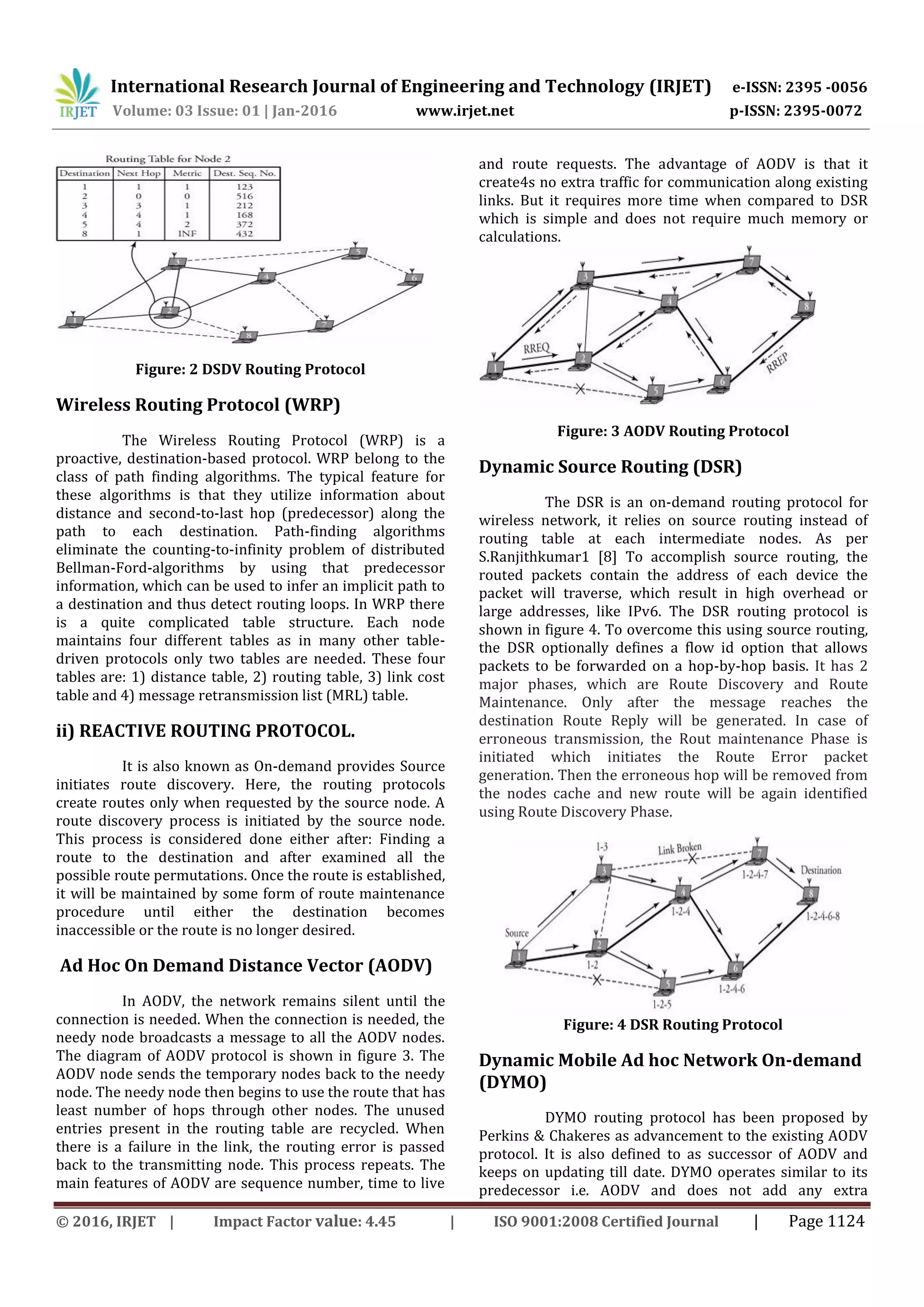 International Research Journal of Engineering and Technology (IRJET) e-ISSN: 2395 -0056
Volume: 03 Issue: 01 | Jan-2016 www.irjet.net p-ISSN: 2395-0072
© 2016, IRJET | Impact Factor value: 4.45 | ISO 9001:2008 Certified Journal | Page 1124
Figure: 2 DSDV Routing Protocol
Wireless Routing Protocol (WRP)
The Wireless Routing Protocol (WRP) is a
proactive, destination-based protocol. WRP belong to the
class of path finding algorithms. The typical feature for
these algorithms is that they utilize information about
distance and second-to-last hop (predecessor) along the
path to each destination. Path-finding algorithms
eliminate the counting-to-infinity problem of distributed
Bellman-Ford-algorithms by using that predecessor
information, which can be used to infer an implicit path to
a destination and thus detect routing loops. In WRP there
is a quite complicated table structure. Each node
maintains four different tables as in many other table-
driven protocols only two tables are needed. These four
tables are: 1) distance table, 2) routing table, 3) link cost
table and 4) message retransmission list (MRL) table.
ii) REACTIVE ROUTING PROTOCOL.
It is also known as On-demand provides Source
initiates route discovery. Here, the routing protocols
create routes only when requested by the source node. A
route discovery process is initiated by the source node.
This process is considered done either after: Finding a
route to the destination and after examined all the
possible route permutations. Once the route is established,
it will be maintained by some form of route maintenance
procedure until either the destination becomes
inaccessible or the route is no longer desired.
Ad Hoc On Demand Distance Vector (AODV)
In AODV, the network remains silent until the
connection is needed. When the connection is needed, the
needy node broadcasts a message to all the AODV nodes.
The diagram of AODV protocol is shown in figure 3. The
AODV node sends the temporary nodes back to the needy
node. The needy node then begins to use the route that has
least number of hops through other nodes. The unused
entries present in the routing table are recycled. When
there is a failure in the link, the routing error is passed
back to the transmitting node. This process repeats. The
main features of AODV are sequence number, time to live
and route requests. The advantage of AODV is that it
create4s no extra traffic for communication along existing
links. But it requires more time when compared to DSR
which is simple and does not require much memory or
calculations.
Figure: 3 AODV Routing Protocol
Dynamic Source Routing (DSR)
The DSR is an on-demand routing protocol for
wireless network, it relies on source routing instead of
routing table at each intermediate nodes. As per
S.Ranjithkumar1 [8] To accomplish source routing, the
routed packets contain the address of each device the
packet will traverse, which result in high overhead or
large addresses, like IPv6. The DSR routing protocol is
shown in figure 4. To overcome this using source routing,
the DSR optionally defines a flow id option that allows
packets to be forwarded on a hop-by-hop basis. It has 2
major phases, which are Route Discovery and Route
Maintenance. Only after the message reaches the
destination Route Reply will be generated. In case of
erroneous transmission, the Rout maintenance Phase is
initiated which initiates the Route Error packet
generation. Then the erroneous hop will be removed from
the nodes cache and new route will be again identified
using Route Discovery Phase.
Figure: 4 DSR Routing Protocol
Dynamic Mobile Ad hoc Network On-demand
(DYMO)
DYMO routing protocol has been proposed by
Perkins & Chakeres as advancement to the existing AODV
protocol. It is also defined to as successor of AODV and
keeps on updating till date. DYMO operates similar to its
predecessor i.e. AODV and does not add any extra
 