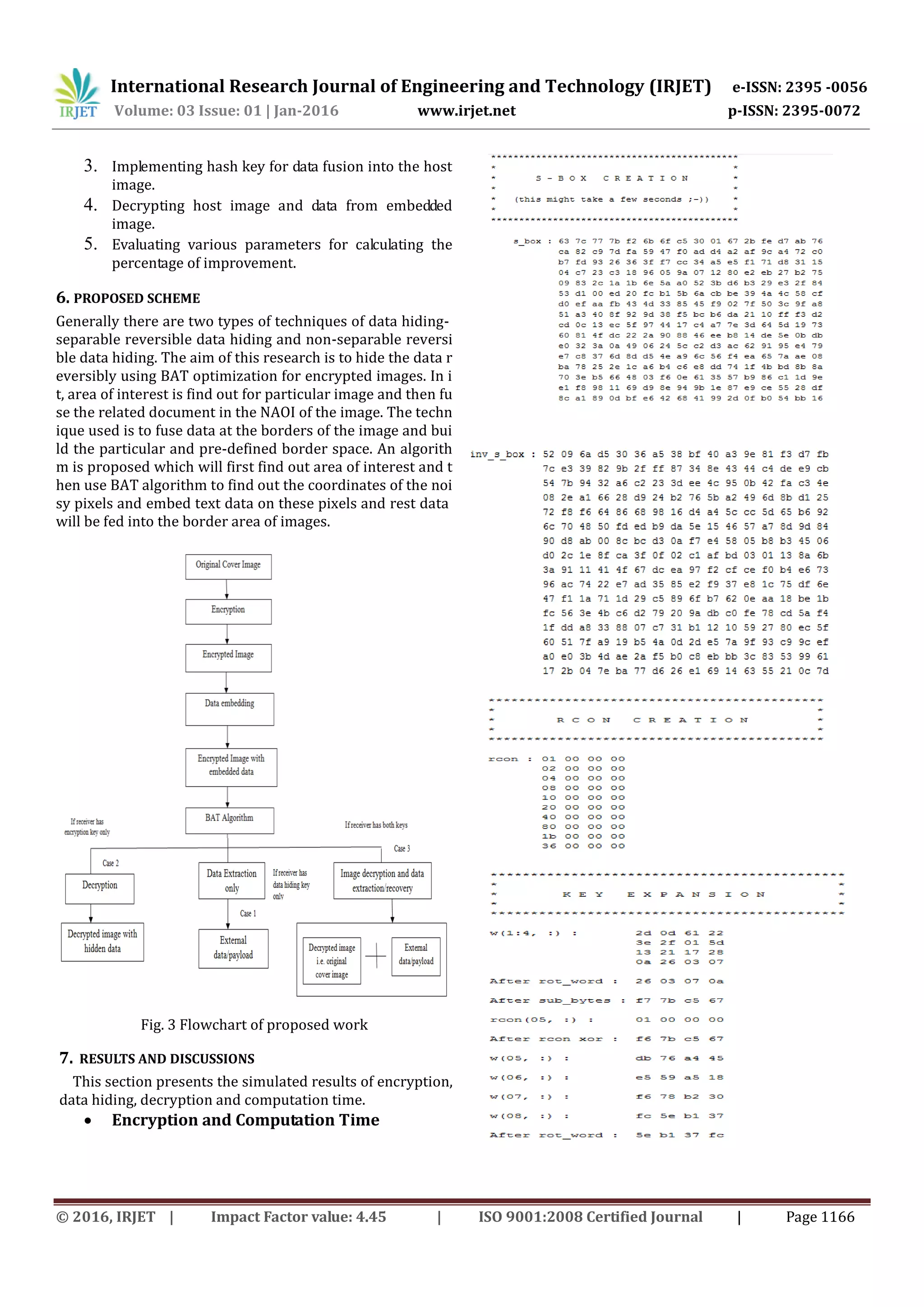 International Research Journal of Engineering and Technology (IRJET) e-ISSN: 2395 -0056
Volume: 03 Issue: 01 | Jan-2016 www.irjet.net p-ISSN: 2395-0072
© 2016, IRJET | Impact Factor value: 4.45 | ISO 9001:2008 Certified Journal | Page 1166
3. Implementing hash key for data fusion into the host
image.
4. Decrypting host image and data from embedded
image.
5. Evaluating various parameters for calculating the
percentage of improvement.
6. PROPOSED SCHEME
Generally there are two types of techniques of data hiding-
separable reversible data hiding and non-separable reversi
ble data hiding. The aim of this research is to hide the data r
eversibly using BAT optimization for encrypted images. In i
t, area of interest is find out for particular image and then fu
se the related document in the NAOI of the image. The techn
ique used is to fuse data at the borders of the image and bui
ld the particular and pre-defined border space. An algorith
m is proposed which will first find out area of interest and t
hen use BAT algorithm to find out the coordinates of the noi
sy pixels and embed text data on these pixels and rest data
will be fed into the border area of images.
Fig. 3 Flowchart of proposed work
7. RESULTS AND DISCUSSIONS
This section presents the simulated results of encryption,
data hiding, decryption and computation time.
 Encryption and Computation Time
 