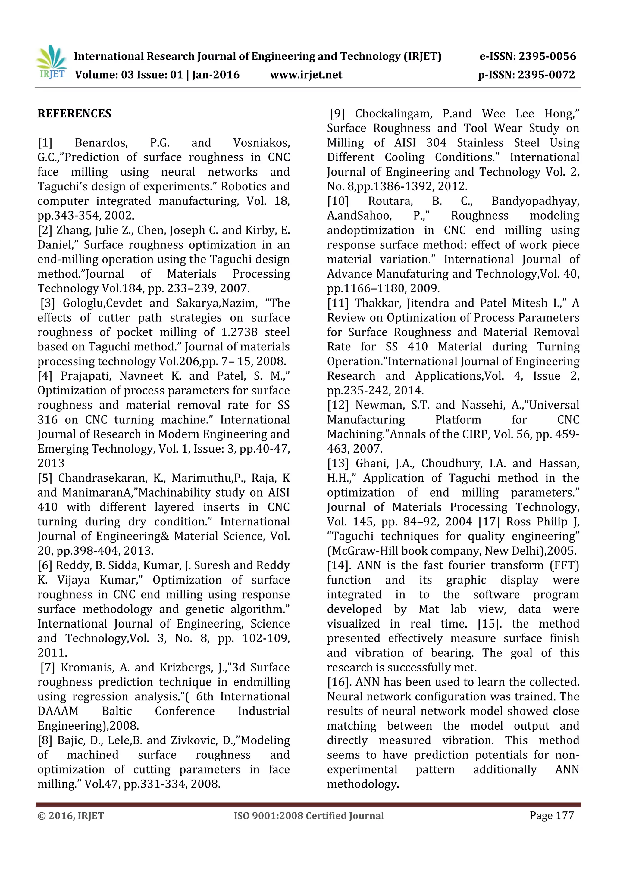 International Research Journal of Engineering and Technology (IRJET) e-ISSN: 2395-0056
Volume: 03 Issue: 01 | Jan-2016 www.irjet.net p-ISSN: 2395-0072
© 2016, IRJET ISO 9001:2008 Certified Journal Page 177
REFERENCES
[1] Benardos, P.G. and Vosniakos,
G.C.,”Prediction of surface roughness in CNC
face milling using neural networks and
Taguchi’s design of experiments.” Robotics and
computer integrated manufacturing, Vol. 18,
pp.343-354, 2002.
[2] Zhang, Julie Z., Chen, Joseph C. and Kirby, E.
Daniel,” Surface roughness optimization in an
end-milling operation using the Taguchi design
method.”Journal of Materials Processing
Technology Vol.184, pp. 233–239, 2007.
[3] Gologlu,Cevdet and Sakarya,Nazim, “The
effects of cutter path strategies on surface
roughness of pocket milling of 1.2738 steel
based on Taguchi method.” Journal of materials
processing technology Vol.206,pp. 7– 15, 2008.
[4] Prajapati, Navneet K. and Patel, S. M.,”
Optimization of process parameters for surface
roughness and material removal rate for SS
316 on CNC turning machine.” International
Journal of Research in Modern Engineering and
Emerging Technology, Vol. 1, Issue: 3, pp.40-47,
2013
[5] Chandrasekaran, K., Marimuthu,P., Raja, K
and ManimaranA,”Machinability study on AISI
410 with different layered inserts in CNC
turning during dry condition.” International
Journal of Engineering& Material Science, Vol.
20, pp.398-404, 2013.
[6] Reddy, B. Sidda, Kumar, J. Suresh and Reddy
K. Vijaya Kumar,” Optimization of surface
roughness in CNC end milling using response
surface methodology and genetic algorithm.”
International Journal of Engineering, Science
and Technology,Vol. 3, No. 8, pp. 102-109,
2011.
[7] Kromanis, A. and Krizbergs, J.,”3d Surface
roughness prediction technique in endmilling
using regression analysis.”( 6th International
DAAAM Baltic Conference Industrial
Engineering),2008.
[8] Bajic, D., Lele,B. and Zivkovic, D.,”Modeling
of machined surface roughness and
optimization of cutting parameters in face
milling.” Vol.47, pp.331-334, 2008.
[9] Chockalingam, P.and Wee Lee Hong,”
Surface Roughness and Tool Wear Study on
Milling of AISI 304 Stainless Steel Using
Different Cooling Conditions.” International
Journal of Engineering and Technology Vol. 2,
No. 8,pp.1386-1392, 2012.
[10] Routara, B. C., Bandyopadhyay,
A.andSahoo, P.,” Roughness modeling
andoptimization in CNC end milling using
response surface method: effect of work piece
material variation.” International Journal of
Advance Manufaturing and Technology,Vol. 40,
pp.1166–1180, 2009.
[11] Thakkar, Jitendra and Patel Mitesh I.,” A
Review on Optimization of Process Parameters
for Surface Roughness and Material Removal
Rate for SS 410 Material during Turning
Operation.”International Journal of Engineering
Research and Applications,Vol. 4, Issue 2,
pp.235-242, 2014.
[12] Newman, S.T. and Nassehi, A.,”Universal
Manufacturing Platform for CNC
Machining.”Annals of the CIRP, Vol. 56, pp. 459-
463, 2007.
[13] Ghani, J.A., Choudhury, I.A. and Hassan,
H.H.,” Application of Taguchi method in the
optimization of end milling parameters.”
Journal of Materials Processing Technology,
Vol. 145, pp. 84–92, 2004 [17] Ross Philip J,
“Taguchi techniques for quality engineering”
(McGraw-Hill book company, New Delhi),2005.
[14]. ANN is the fast fourier transform (FFT)
function and its graphic display were
integrated in to the software program
developed by Mat lab view, data were
visualized in real time. [15]. the method
presented effectively measure surface finish
and vibration of bearing. The goal of this
research is successfully met.
[16]. ANN has been used to learn the collected.
Neural network configuration was trained. The
results of neural network model showed close
matching between the model output and
directly measured vibration. This method
seems to have prediction potentials for non-
experimental pattern additionally ANN
methodology.
 