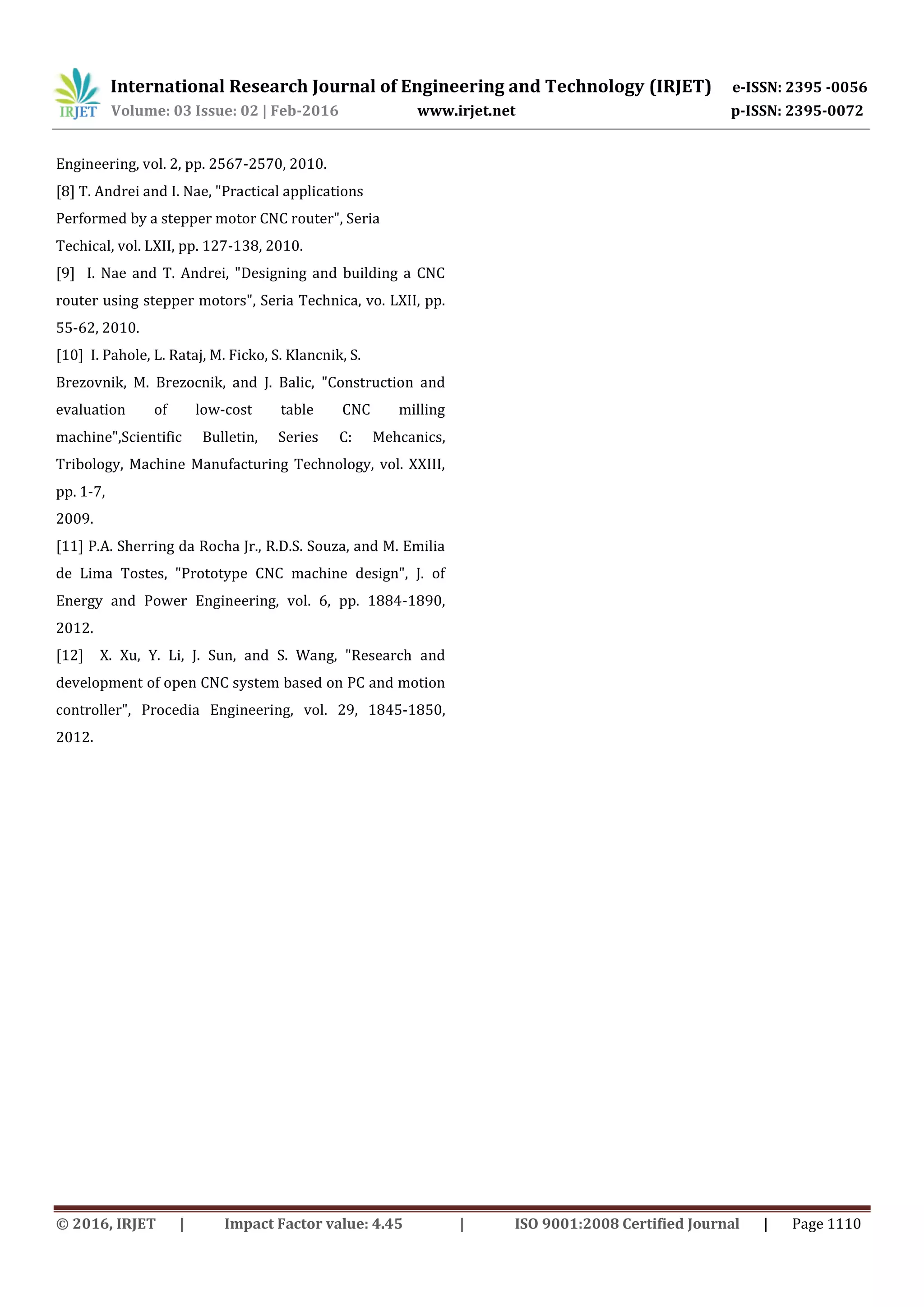 International Research Journal of Engineering and Technology (IRJET) e-ISSN: 2395 -0056
Volume: 03 Issue: 02 | Feb-2016 www.irjet.net p-ISSN: 2395-0072
© 2016, IRJET | Impact Factor value: 4.45 | ISO 9001:2008 Certified Journal | Page 1110
Engineering, vol. 2, pp. 2567-2570, 2010.
[8] T. Andrei and I. Nae, "Practical applications
Performed by a stepper motor CNC router", Seria
Techical, vol. LXII, pp. 127-138, 2010.
[9] I. Nae and T. Andrei, "Designing and building a CNC
router using stepper motors", Seria Technica, vo. LXII, pp.
55-62, 2010.
[10] I. Pahole, L. Rataj, M. Ficko, S. Klancnik, S.
Brezovnik, M. Brezocnik, and J. Balic, "Construction and
evaluation of low-cost table CNC milling
machine",Scientific Bulletin, Series C: Mehcanics,
Tribology, Machine Manufacturing Technology, vol. XXIII,
pp. 1-7,
2009.
[11] P.A. Sherring da Rocha Jr., R.D.S. Souza, and M. Emilia
de Lima Tostes, "Prototype CNC machine design", J. of
Energy and Power Engineering, vol. 6, pp. 1884-1890,
2012.
[12] X. Xu, Y. Li, J. Sun, and S. Wang, "Research and
development of open CNC system based on PC and motion
controller", Procedia Engineering, vol. 29, 1845-1850,
2012.
 